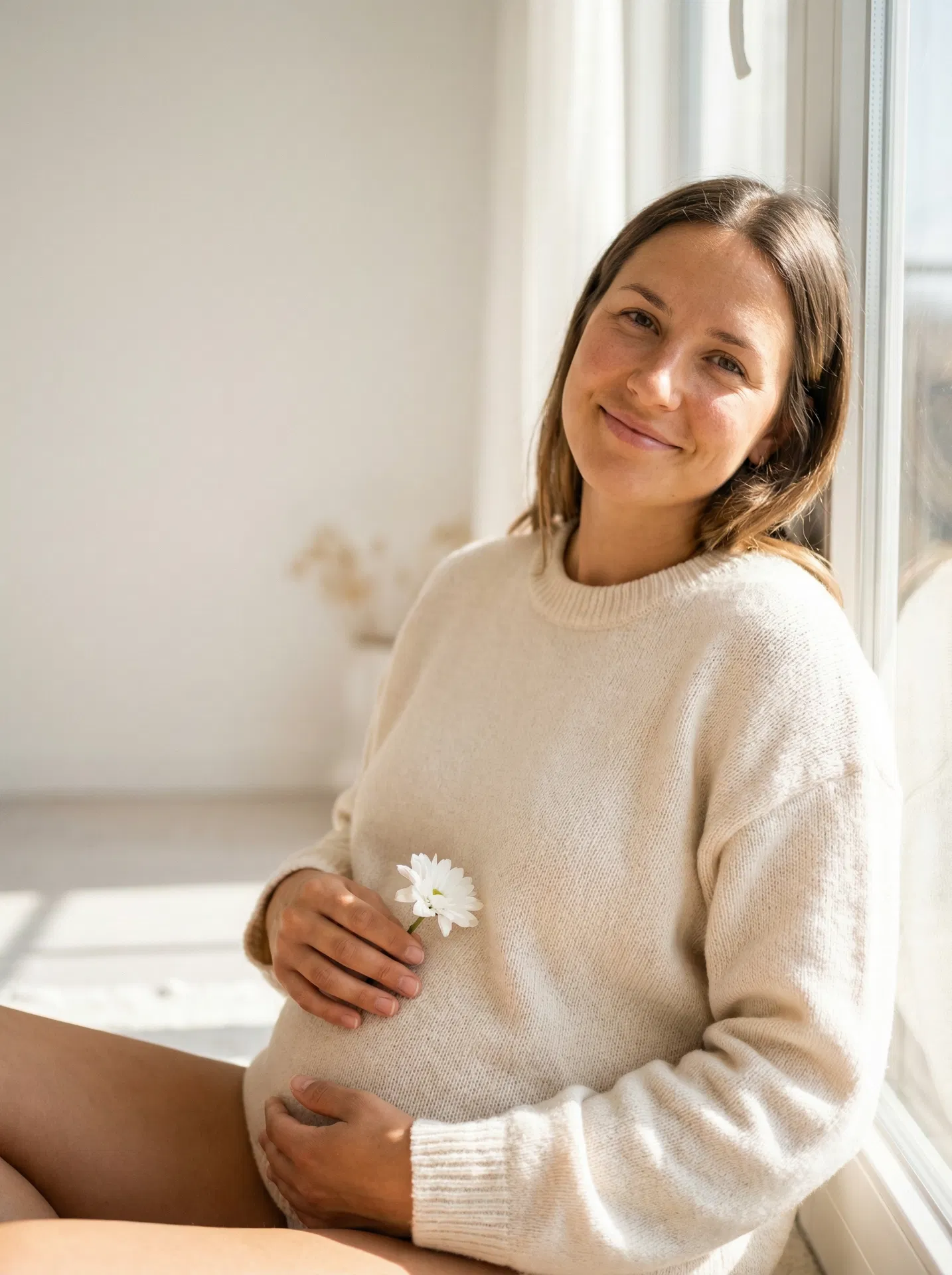 Beautiful woman sitting by a window holding a white flower, hopeful and serene