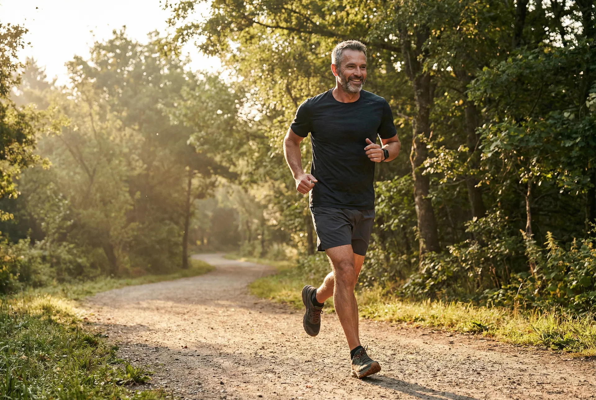 Fit man running outdoors in athletic wear