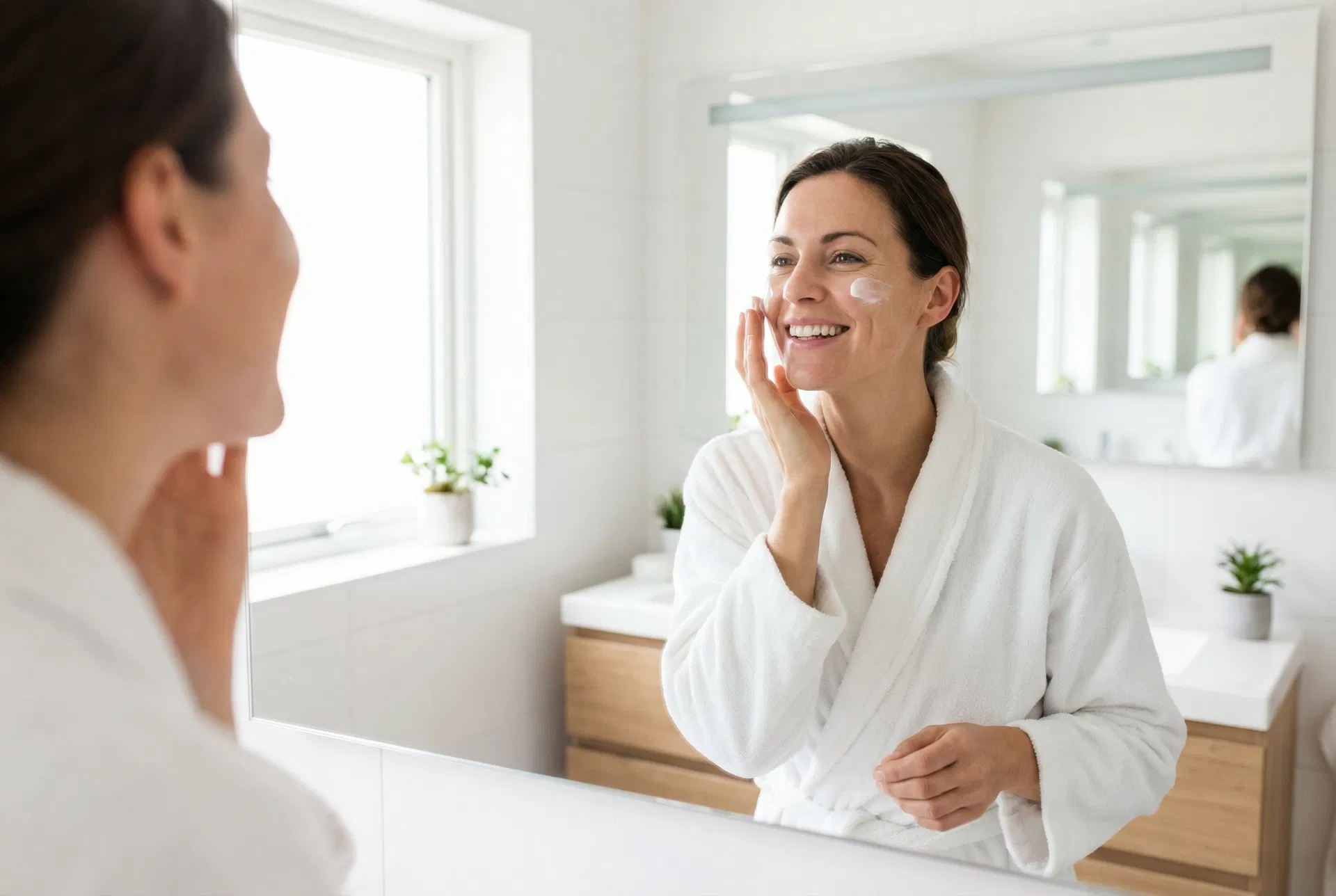 Woman applying skincare in bright bathroom