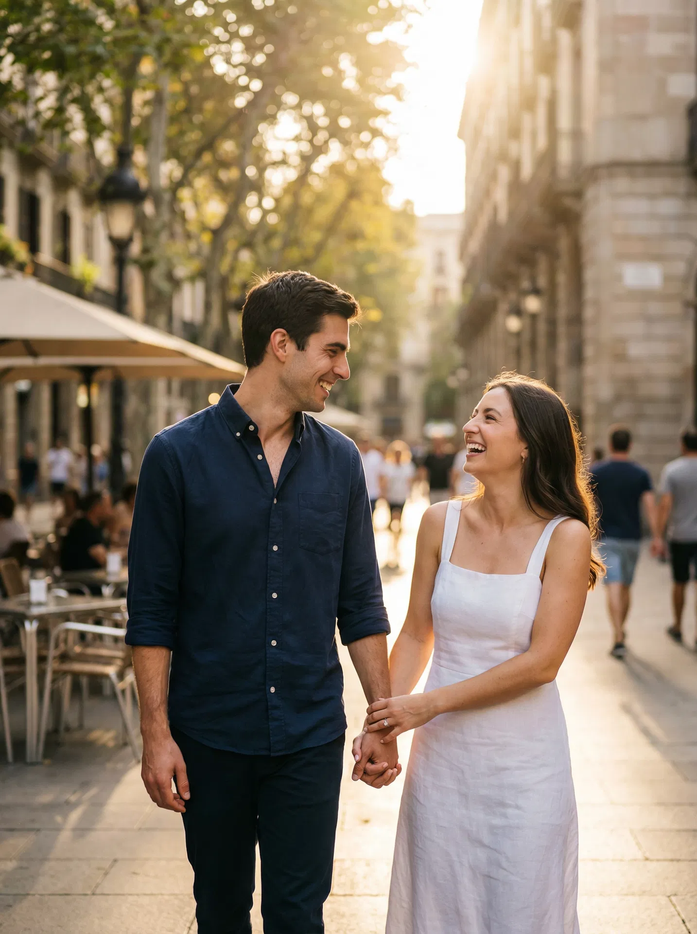 Attractive couple walking and holding hands, golden hour