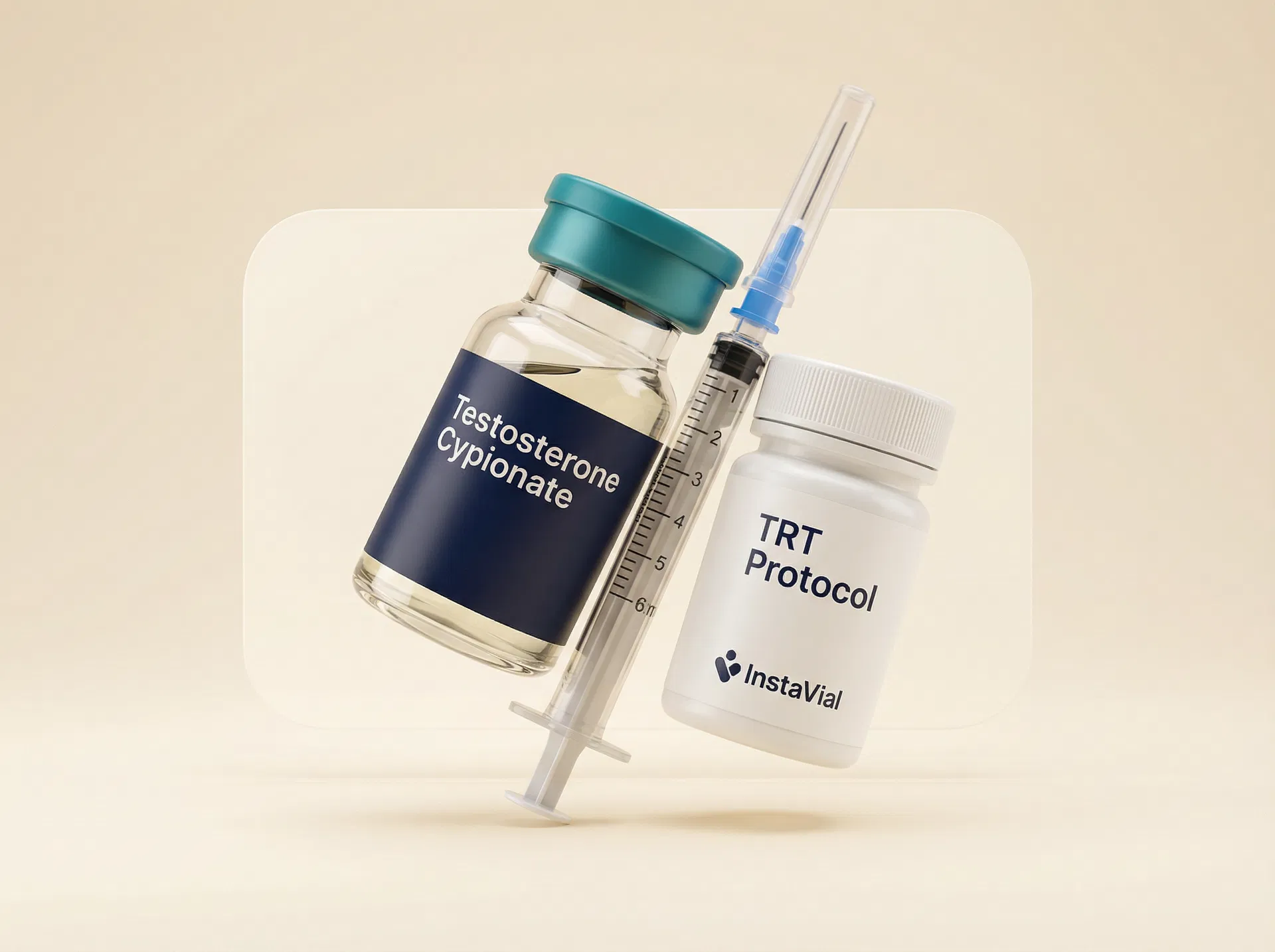 Testosterone Cypionate vial and TRT Protocol product render