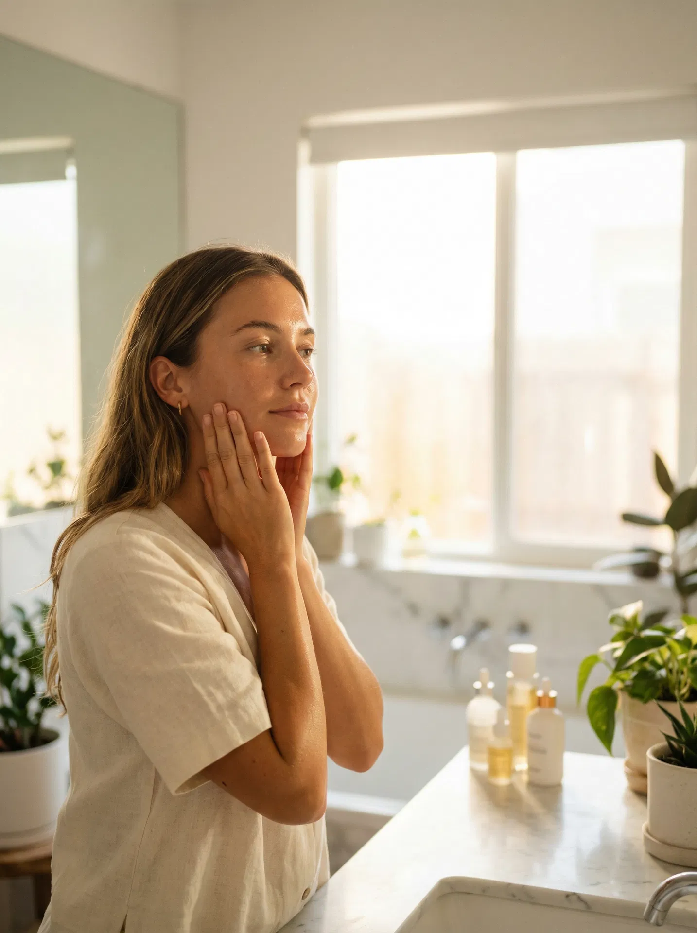 Woman with glowing skin touching her face in bright bathroom