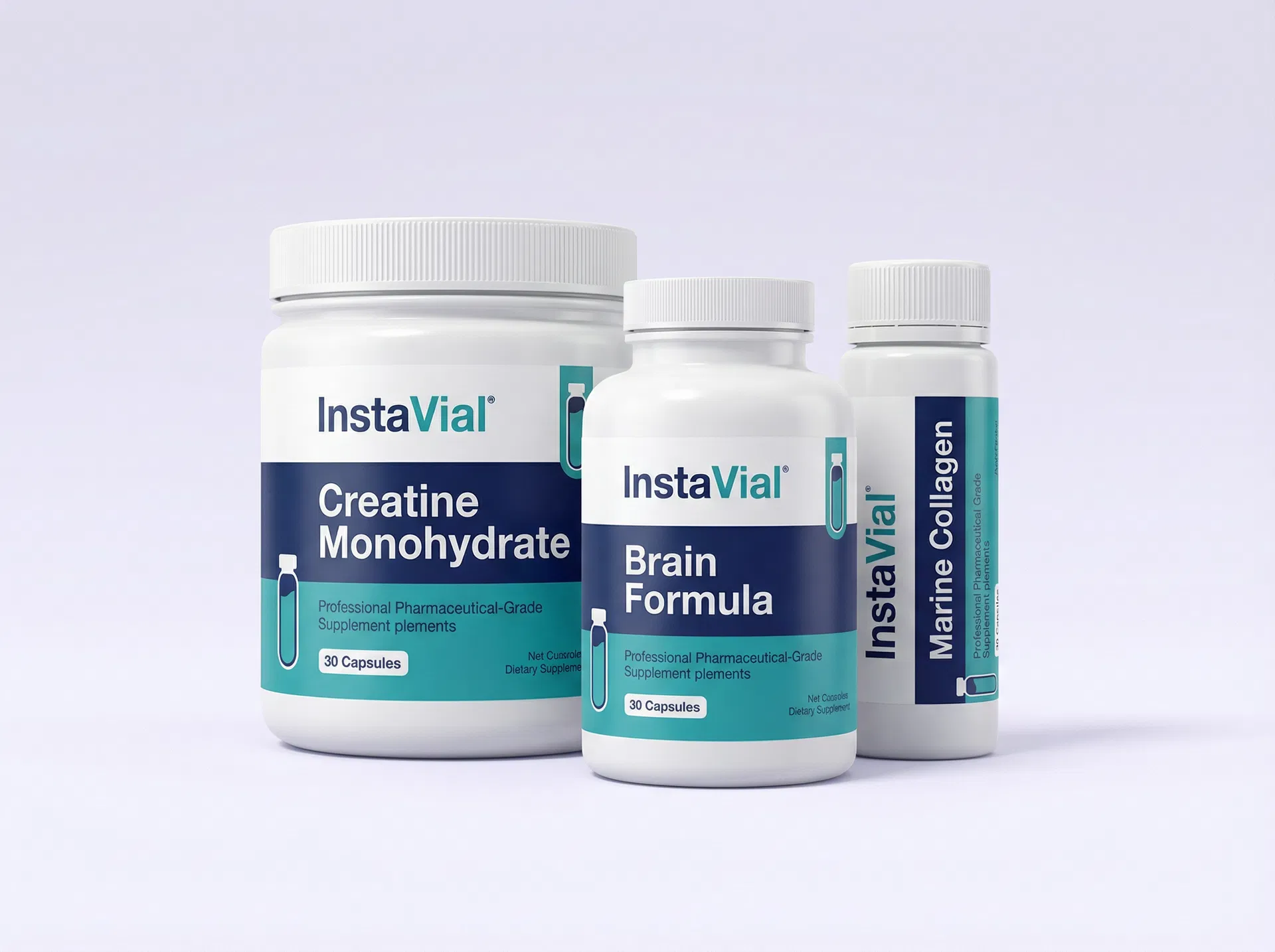 InstaVial branded supplement bottles: Creatine, Brain Formula, Marine Collagen