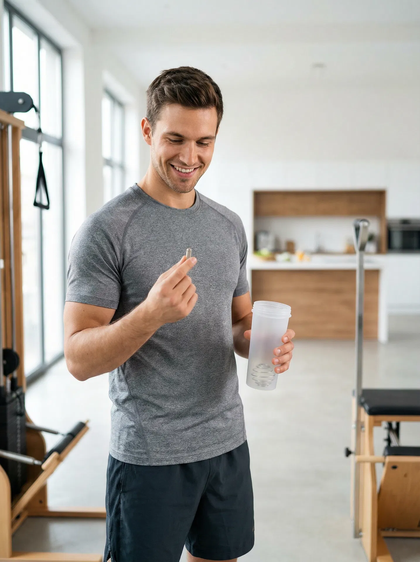 Athletic man holding supplement capsule and shaker bottle