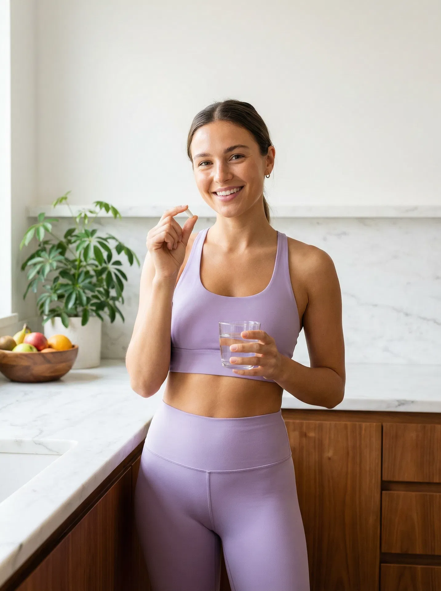 Fit young woman in lavender taking supplement in kitchen