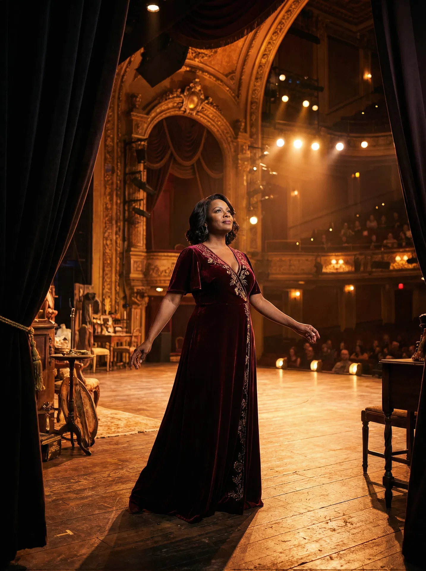 A Black woman performer on a Broadway stage, hand to her heart in a moment of reflection