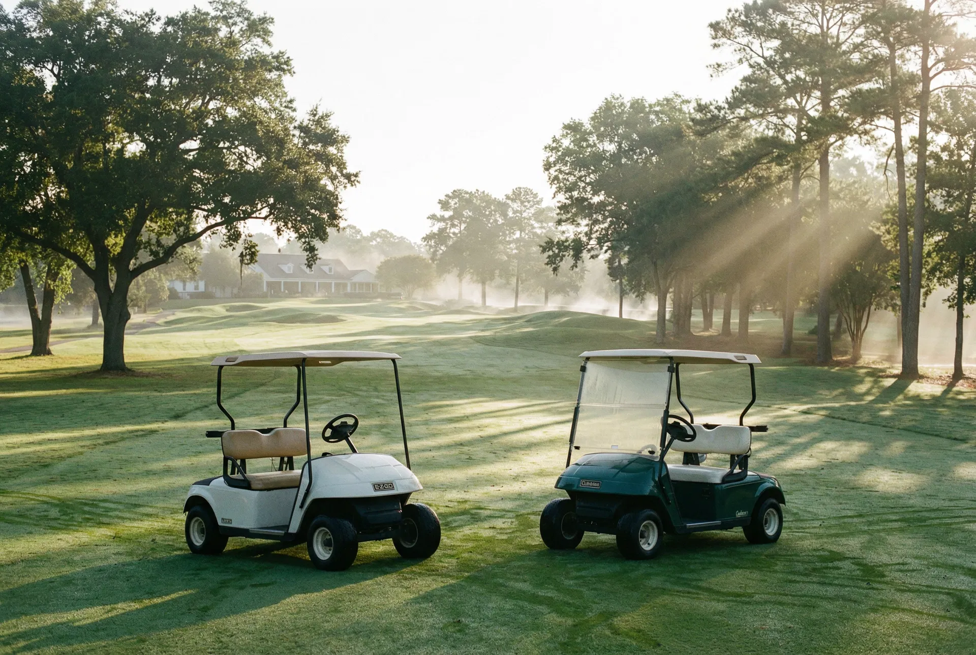 Two golf carts on a misty golf course fairway at sunrise
