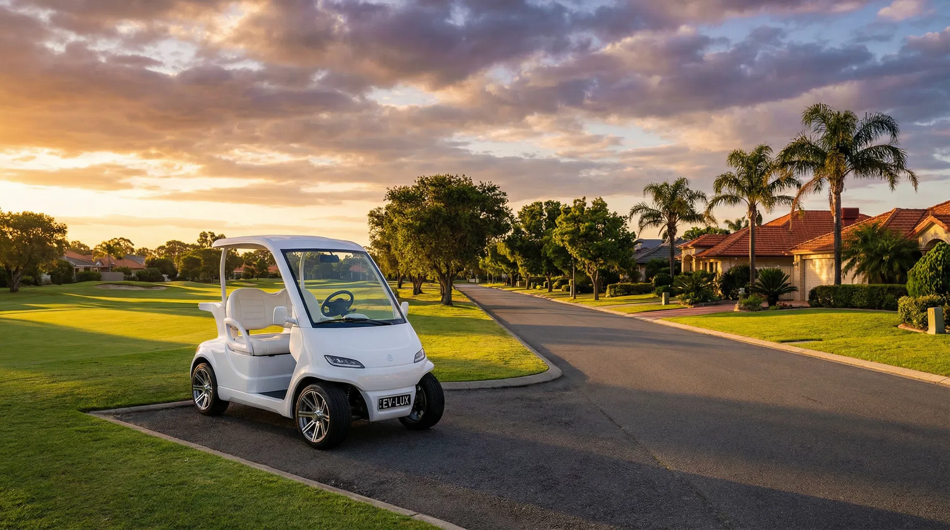Golf cart at the edge of a suburban street at sunset