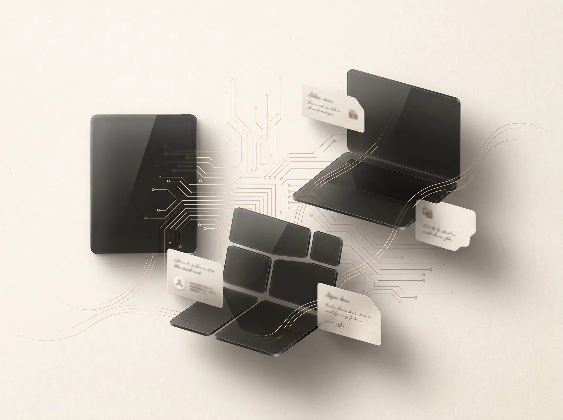 Abstract premium AI productivity scene with dark devices, gold circuits, and prompt cards.