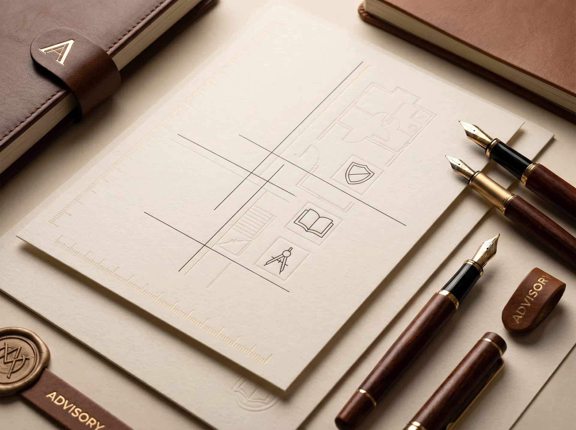Premium ivory planning papers with gold details representing private school comparison and renovation decision tools.