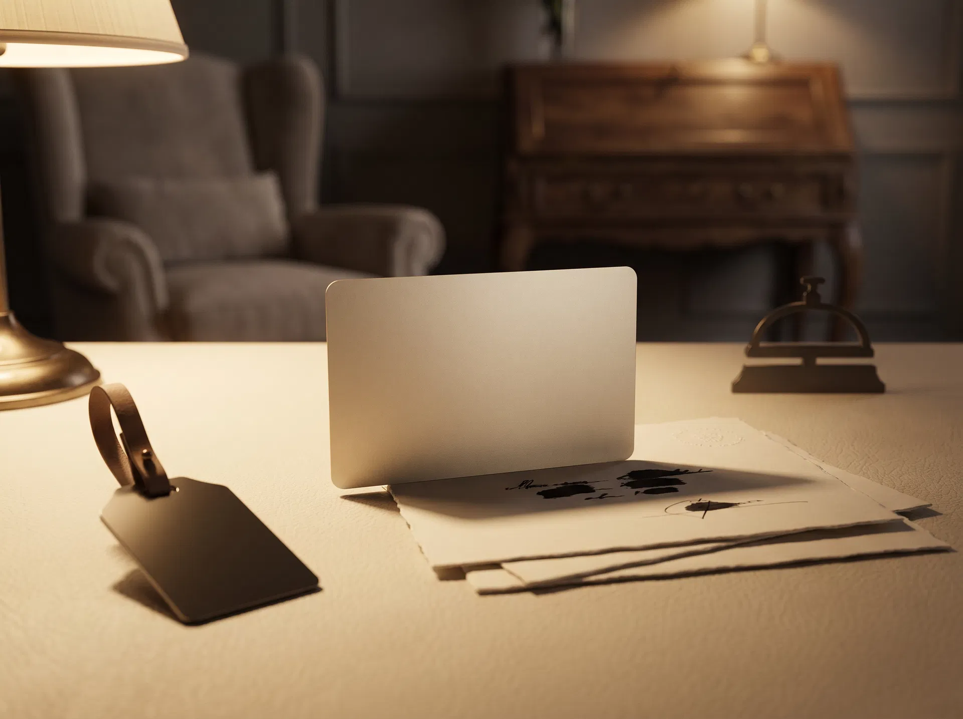 Premium hotel concierge desk with blank ivory card, luggage tag, and warm hospitality lighting.