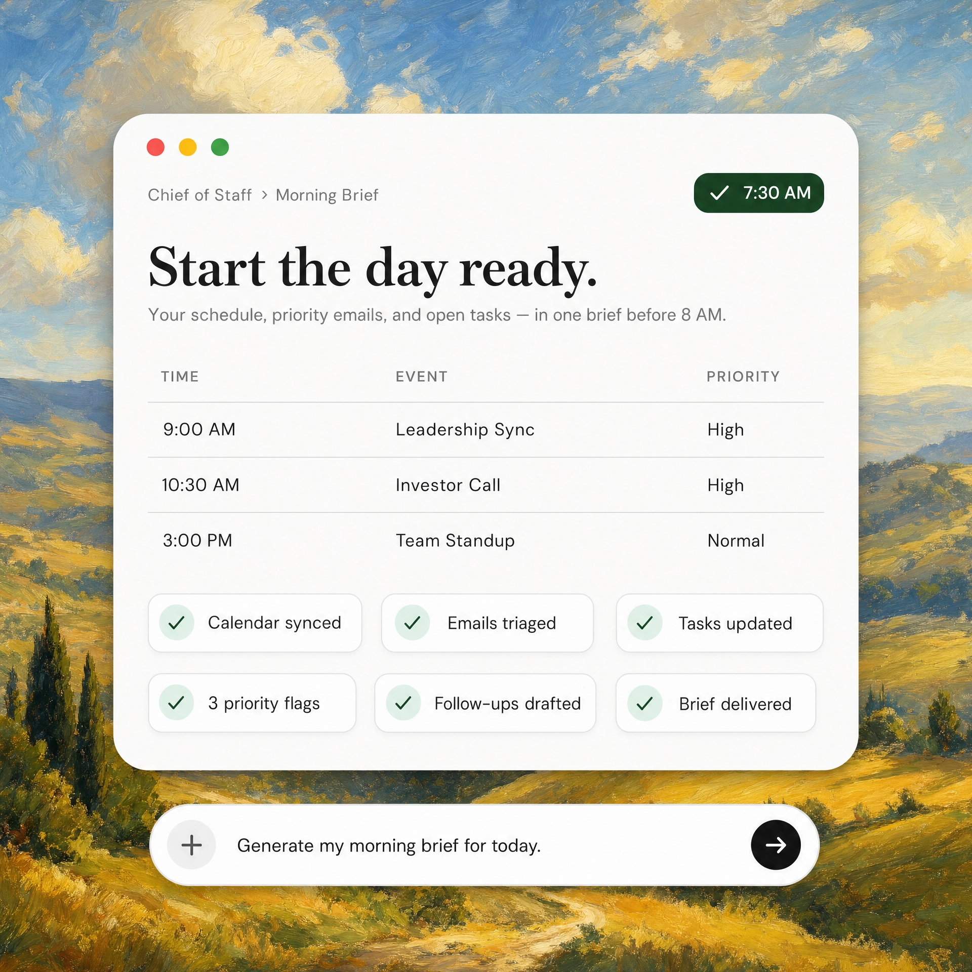 Daily Brief — schedule, priority tasks, and flagged emails
