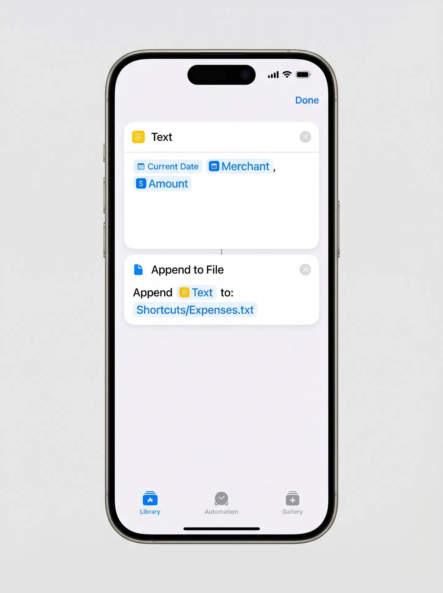 iPhone showing the Text action with Current Date, Name, Merchant, and Amount variables