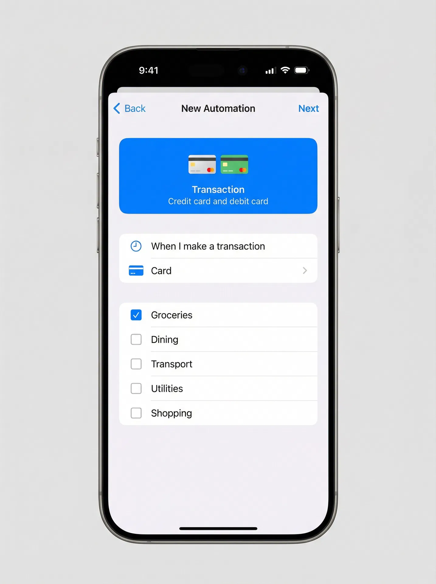 iPhone showing the Transaction trigger selection screen