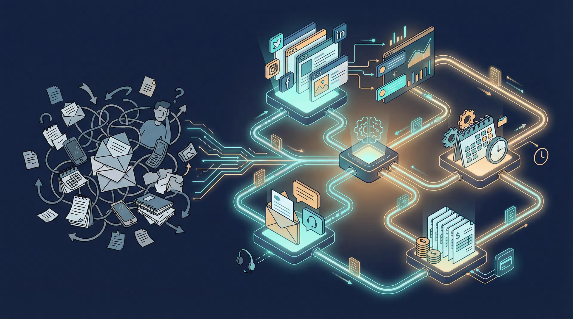 業務自動化のイメージ - 散らばった手作業から整理された自動フローへ