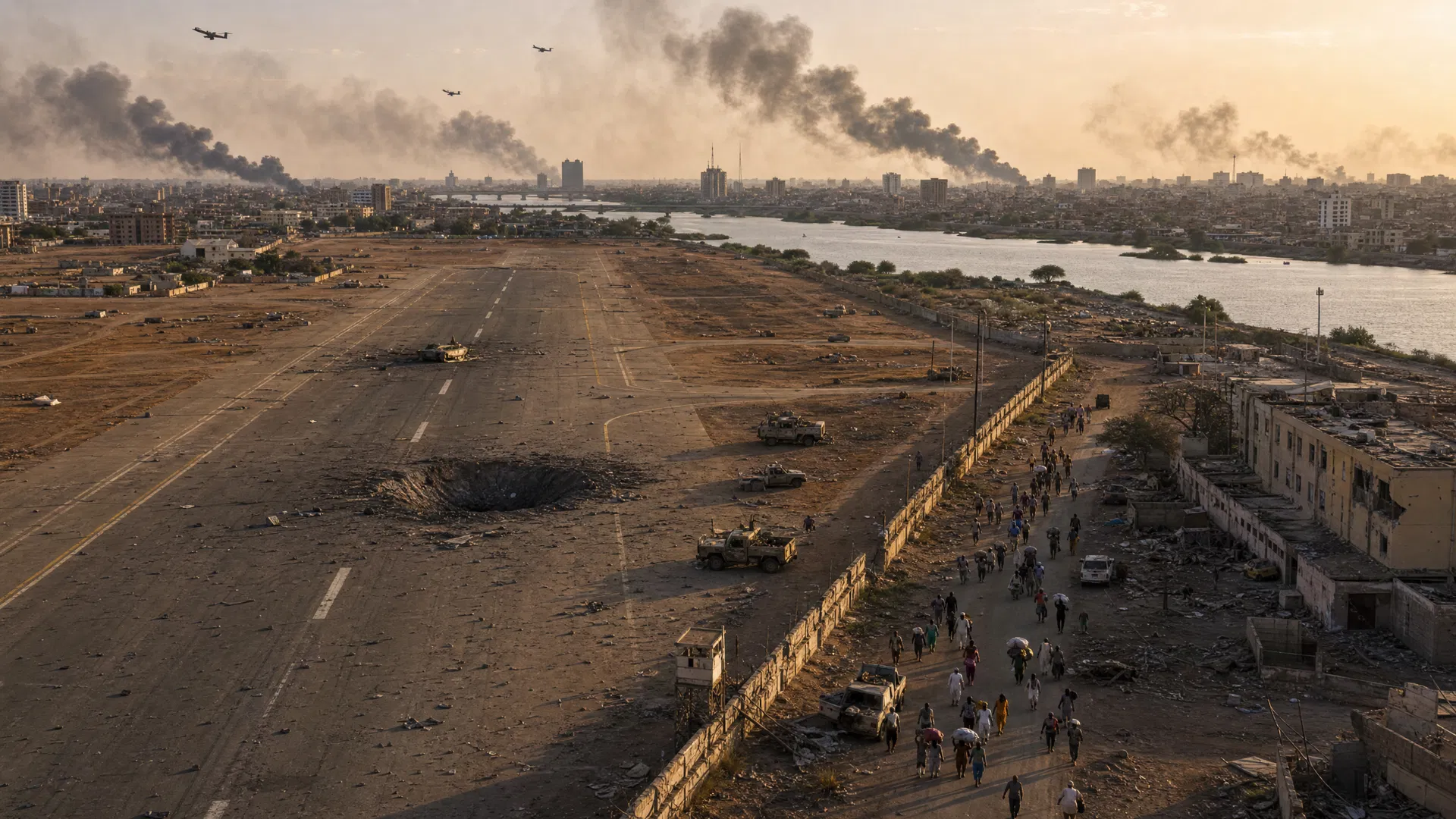 Aerial view of damaged Khartoum airport runway with drone strike crater, military vehicles, displaced civilians, and smoke rising over the Nile