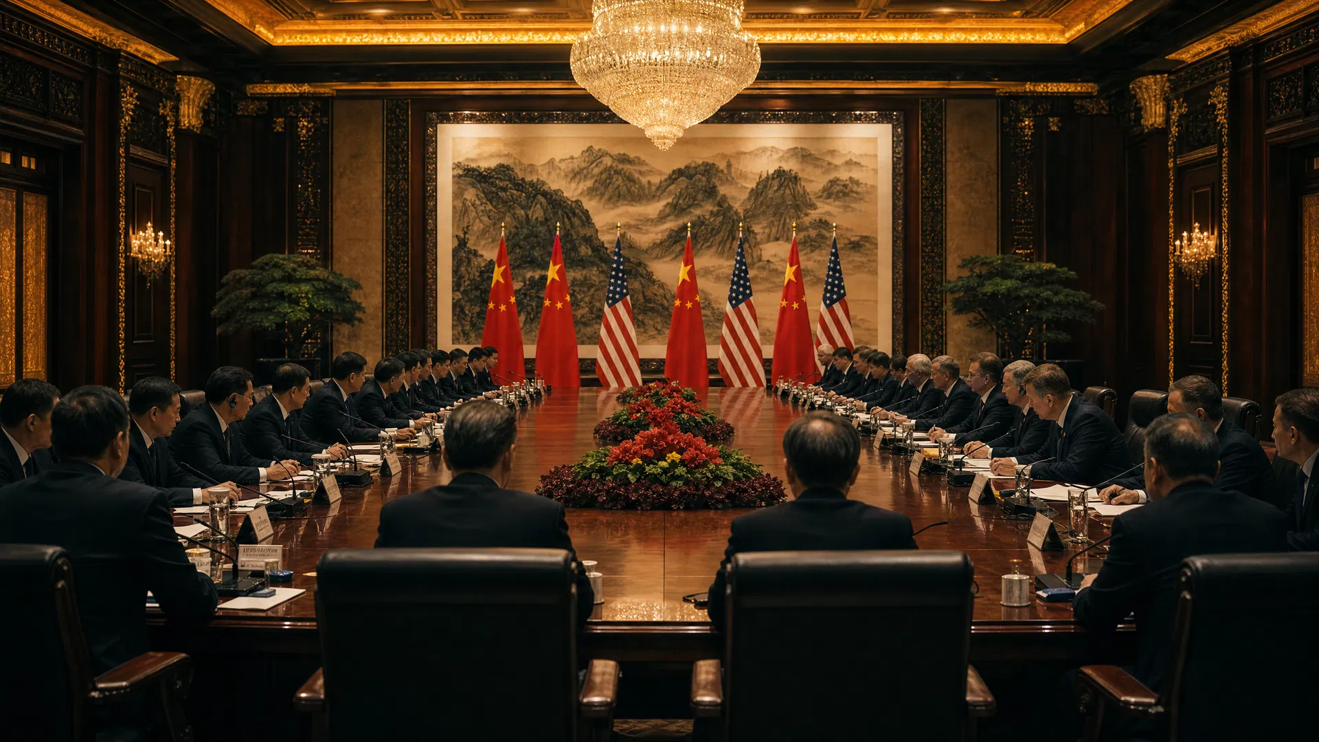 US-China diplomatic summit in ornate Beijing hall with delegations facing each other across long table, US and Chinese flags