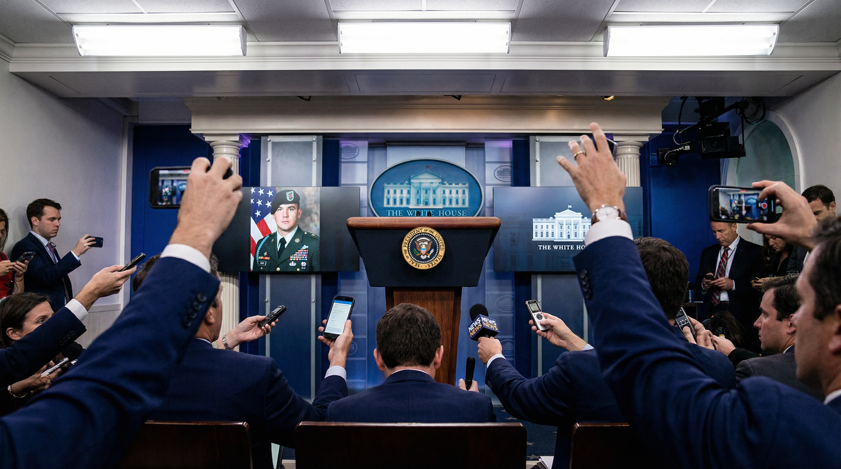 The White House press briefing room during a heated exchange about the Iran war and Joe Kent's resignation