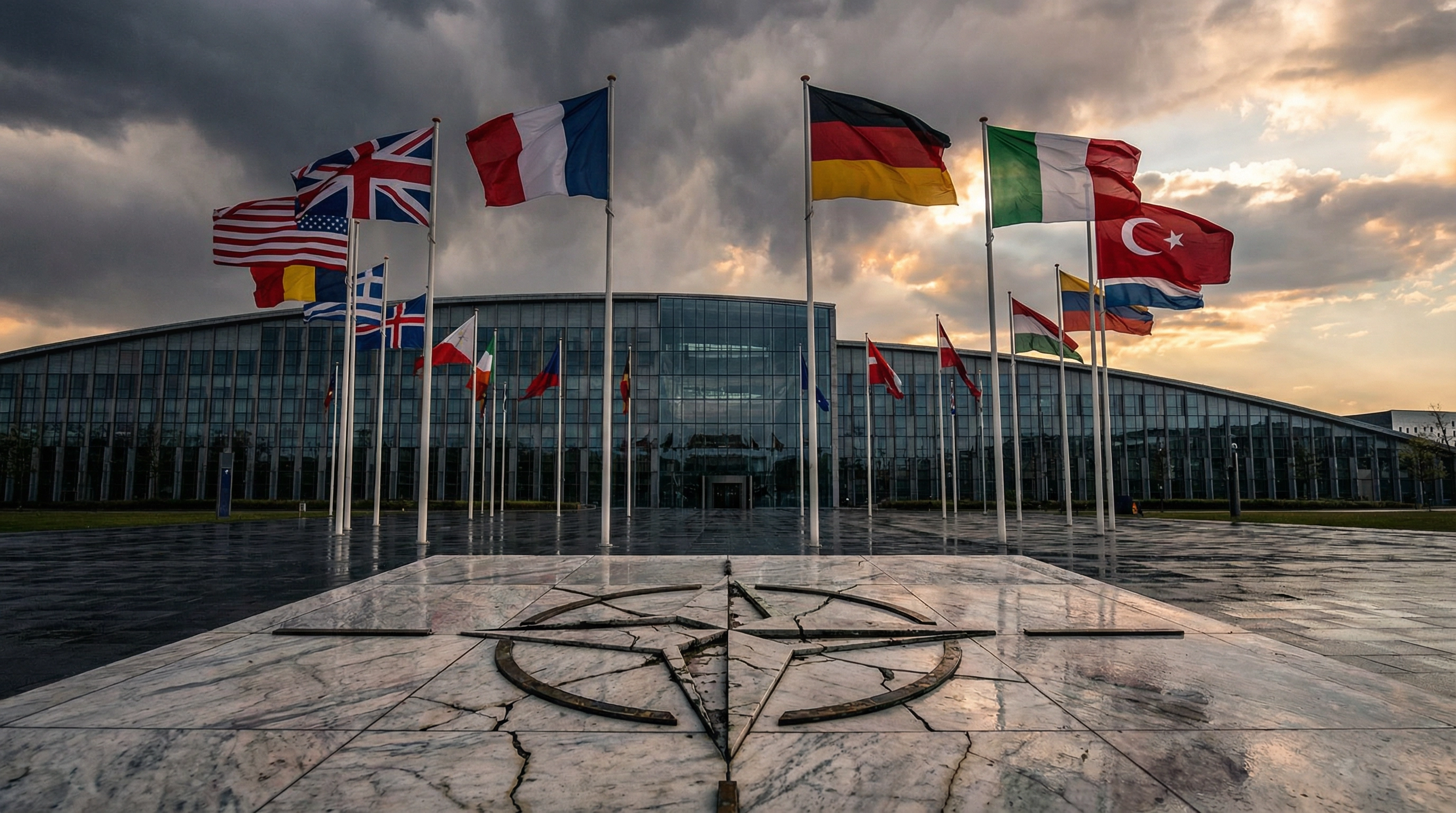 NATO flags at alliance headquarters with visible tension between member nations over the Iran war