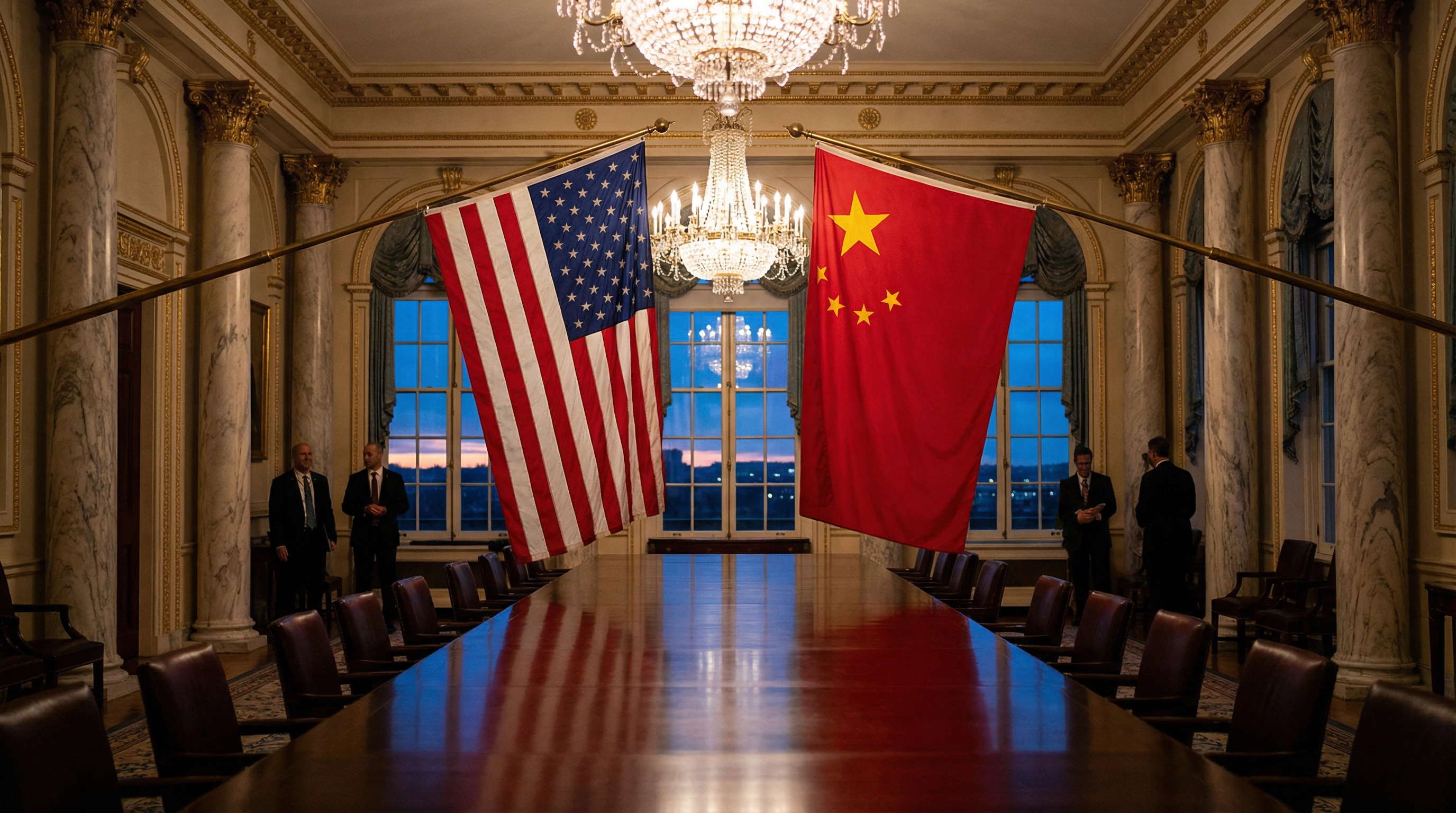 US and Chinese flags side by side symbolizing diplomatic engagement amid global conflict