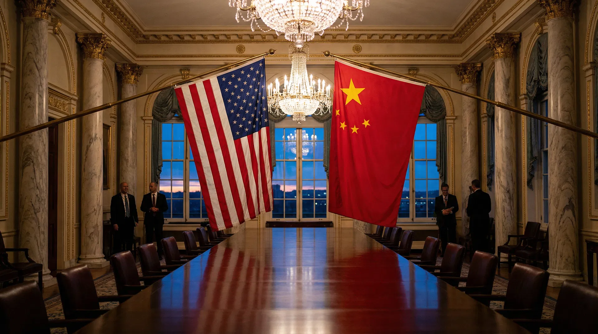 US and Chinese flags side by side symbolizing diplomatic engagement amid global conflict