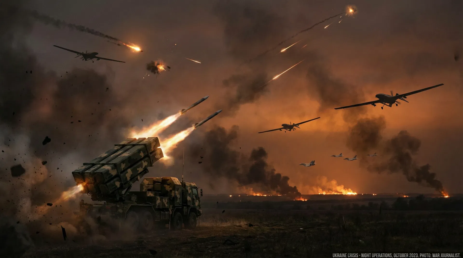 A Ukrainian city skyline at night, illuminated by explosions from a Russian drone and missile attack.