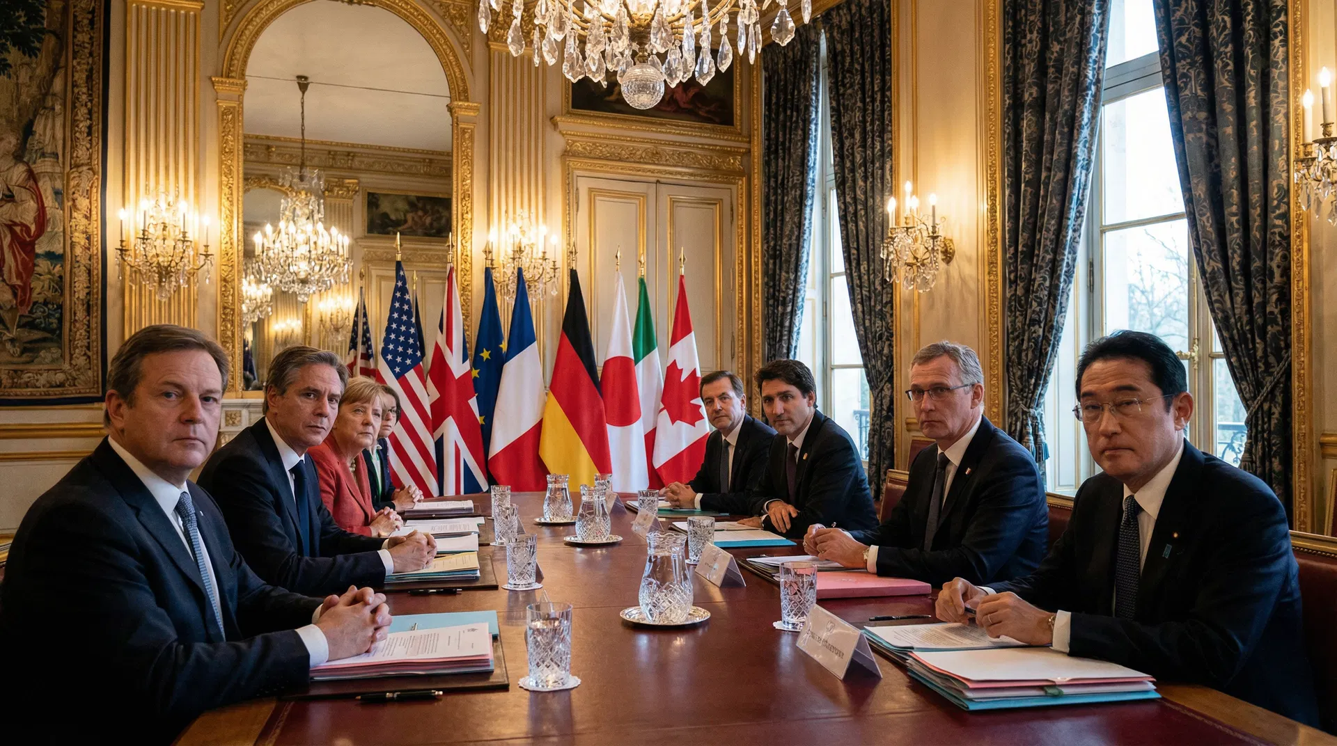G7 foreign ministers gathered at a round table in France.