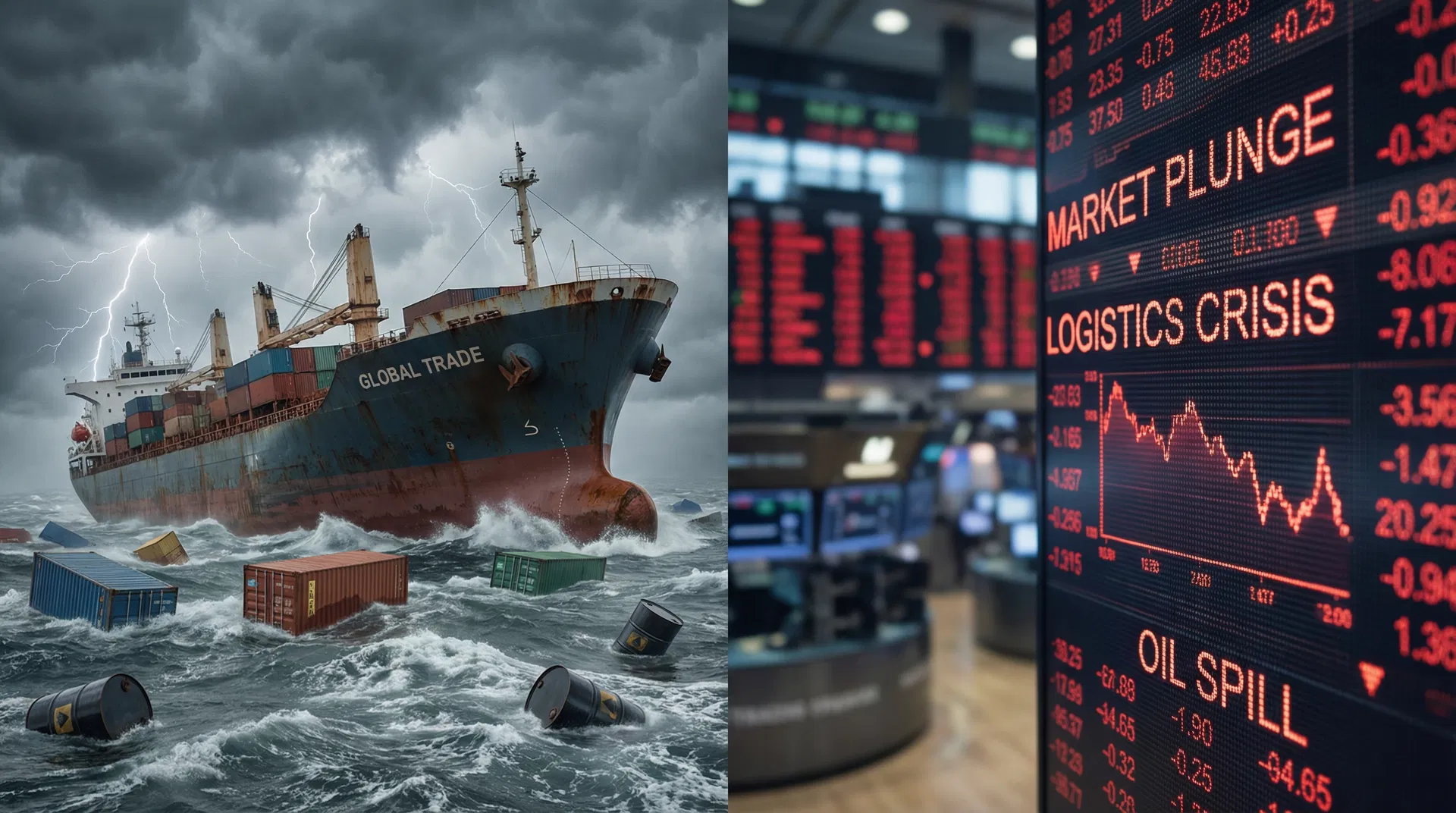 A cargo ship in stormy seas with financial market data overlay showing the global trade crisis.