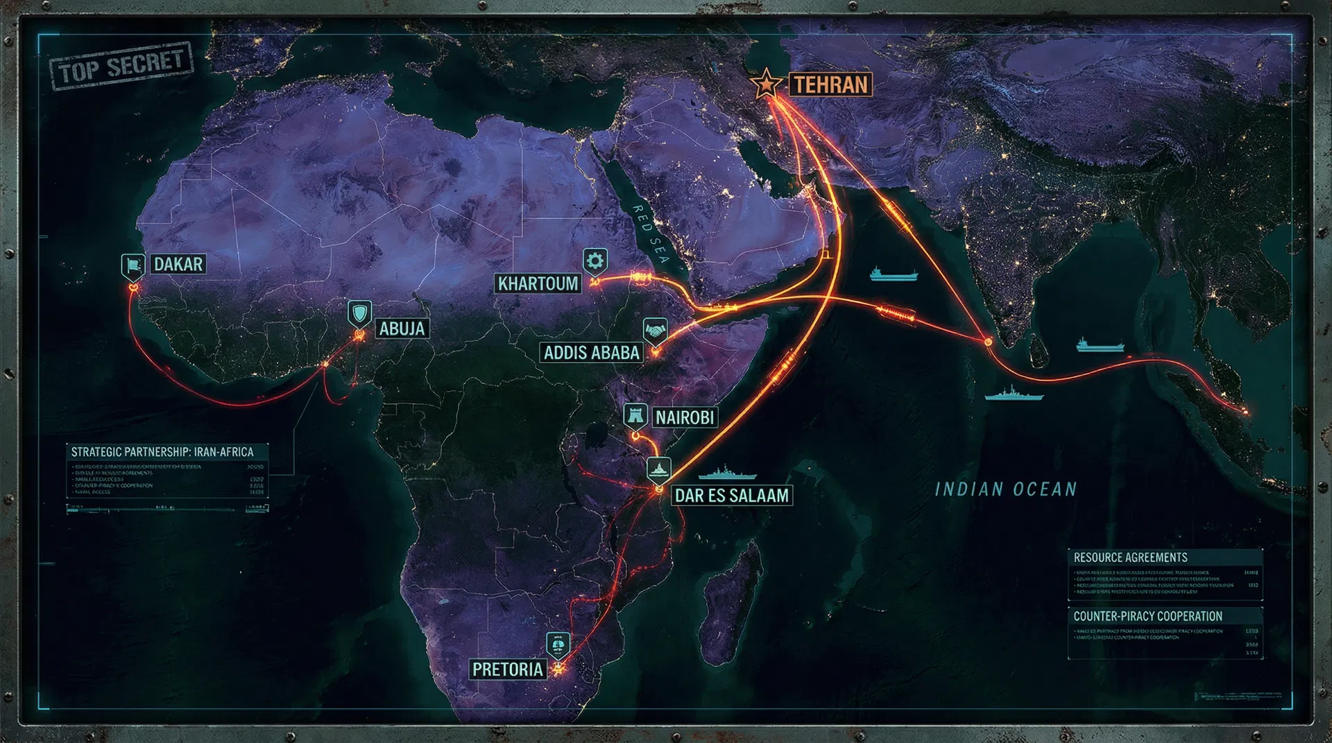 A geopolitical map showing strategic connections between Iran and African nations.