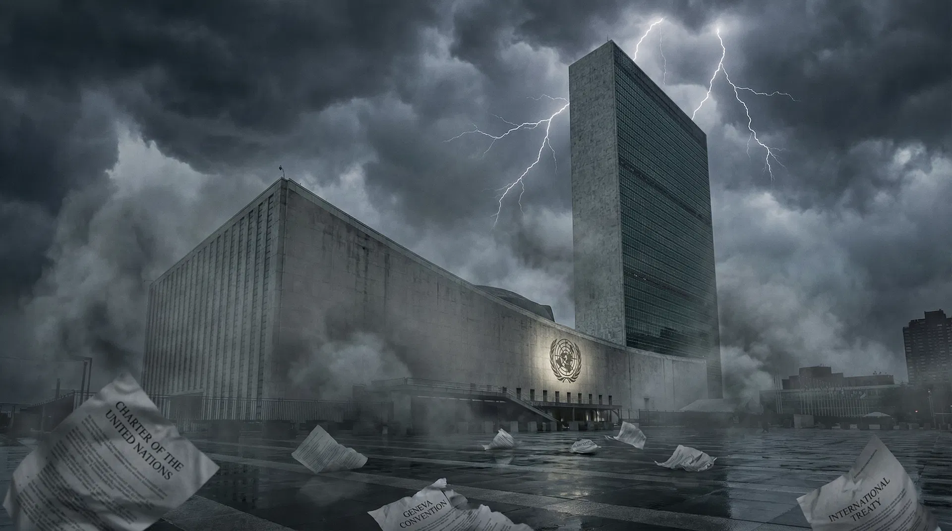 The United Nations headquarters under stormy skies with scattered treaty documents.