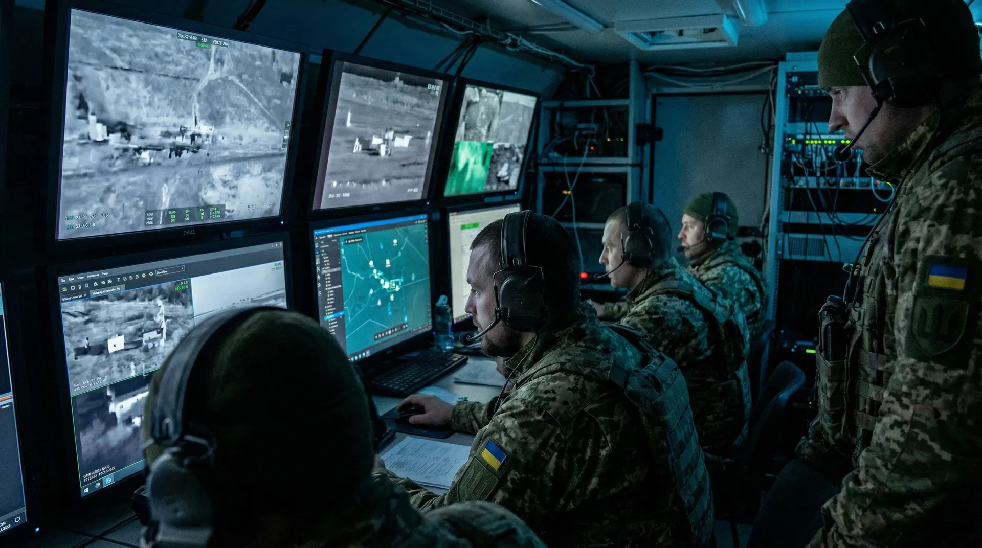 Ukrainian military personnel monitor drone operations, demonstrating the sophisticated targeting capabilities now being deployed against Russian military infrastructure.