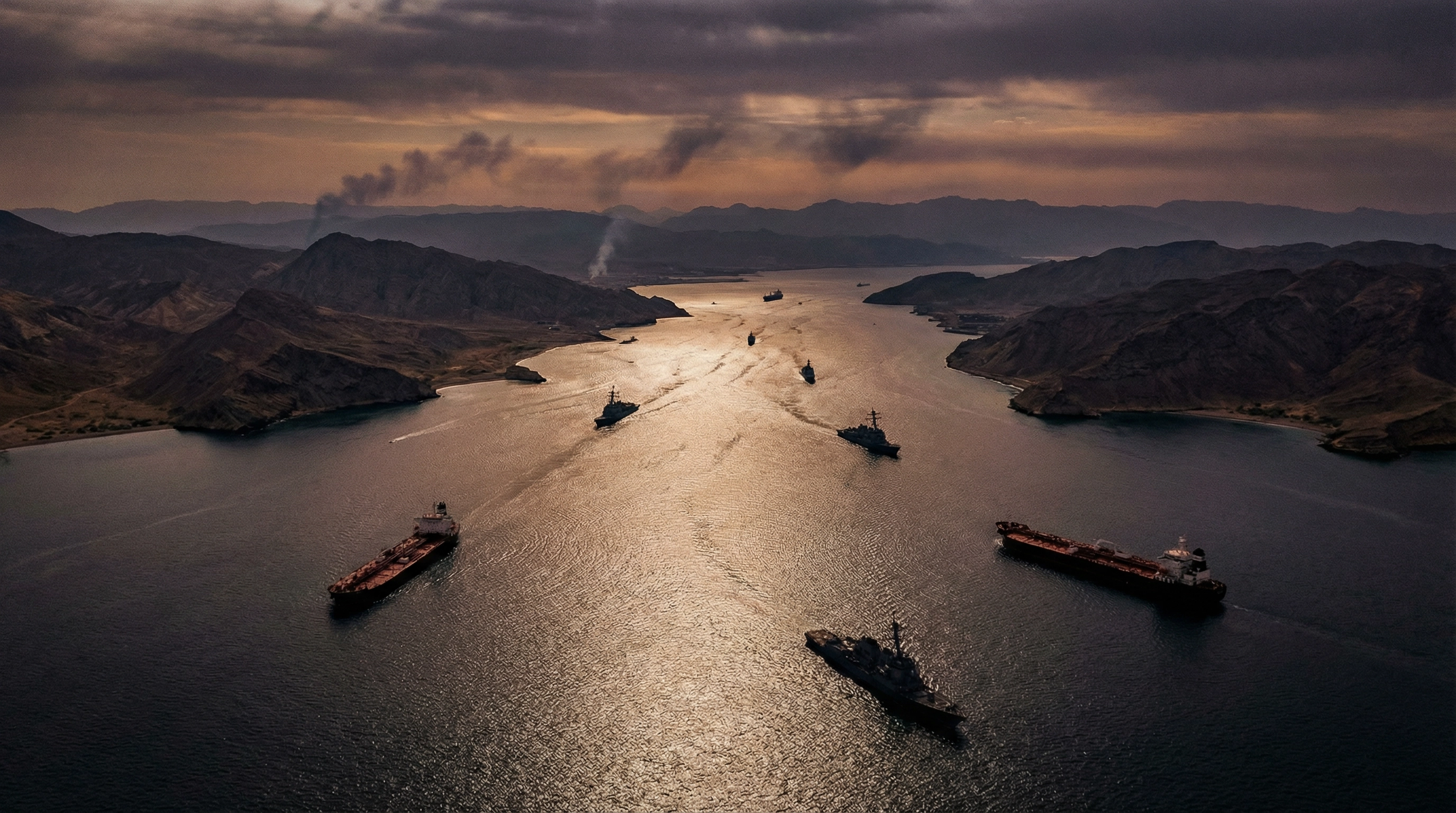Aerial view of Strait of Hormuz at sunset with military naval vessels and commercial tankers amid smoke suggesting recent military activity