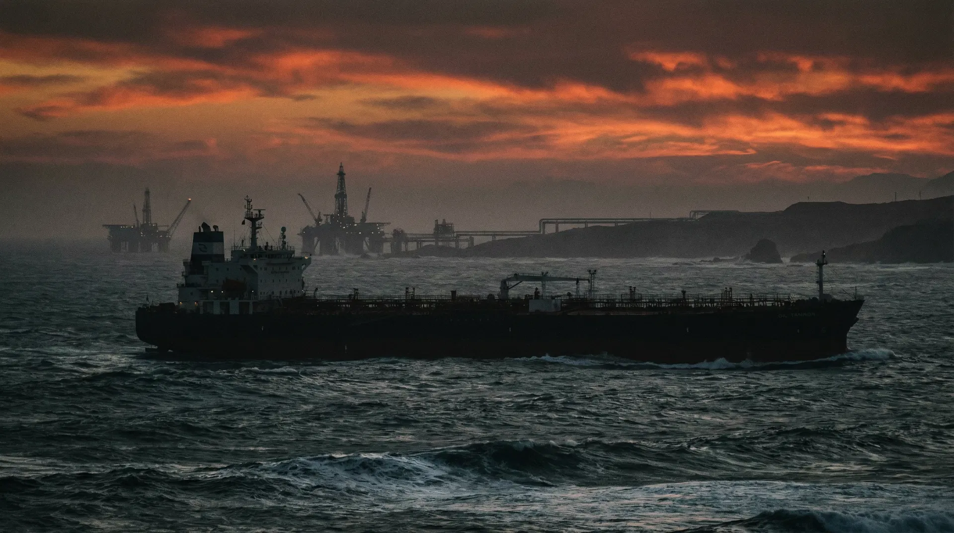 Oil tanker ship navigating turbulent waters with oil infrastructure silhouetted against dramatic sunset sky