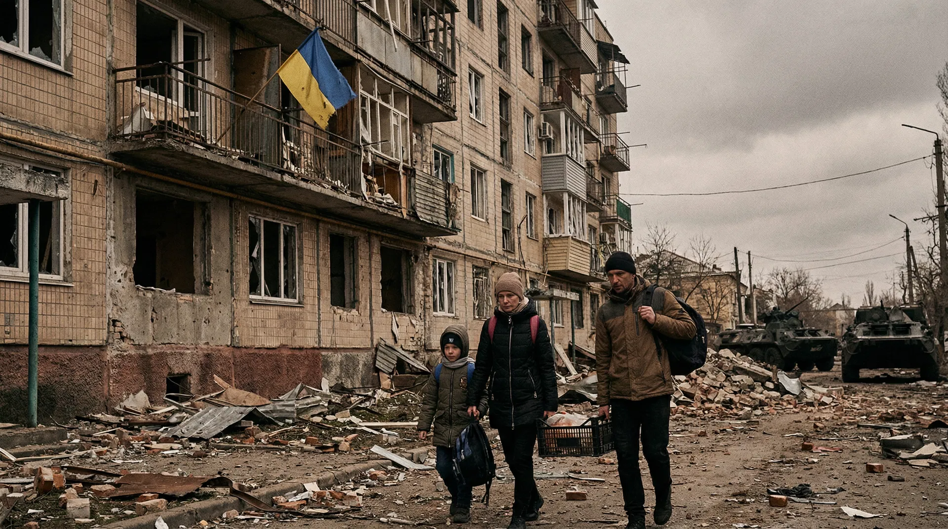 Ukrainian civilians flee destroyed neighborhoods as the war enters its fifth year, marking the largest conflict in Europe since World War II.