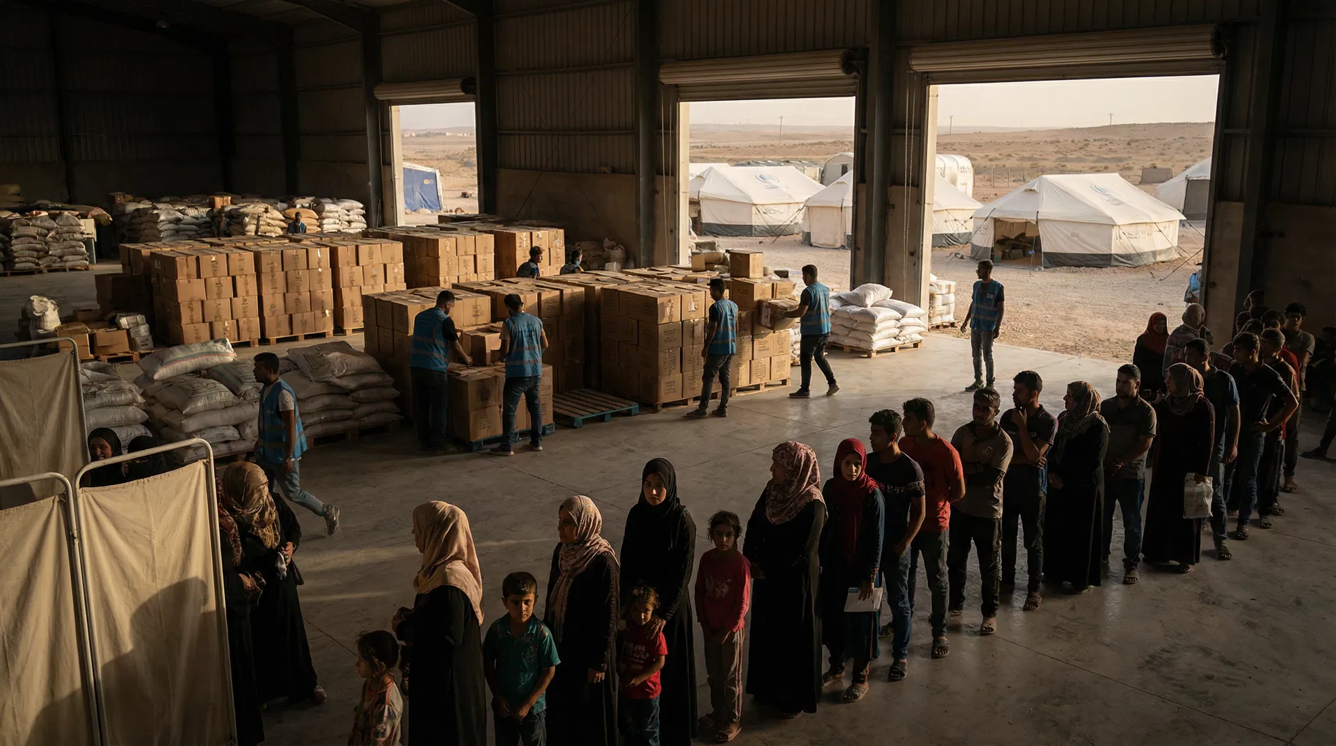 Humanitarian aid warehouse with workers organizing food supplies and displaced families waiting in line with tents visible in background