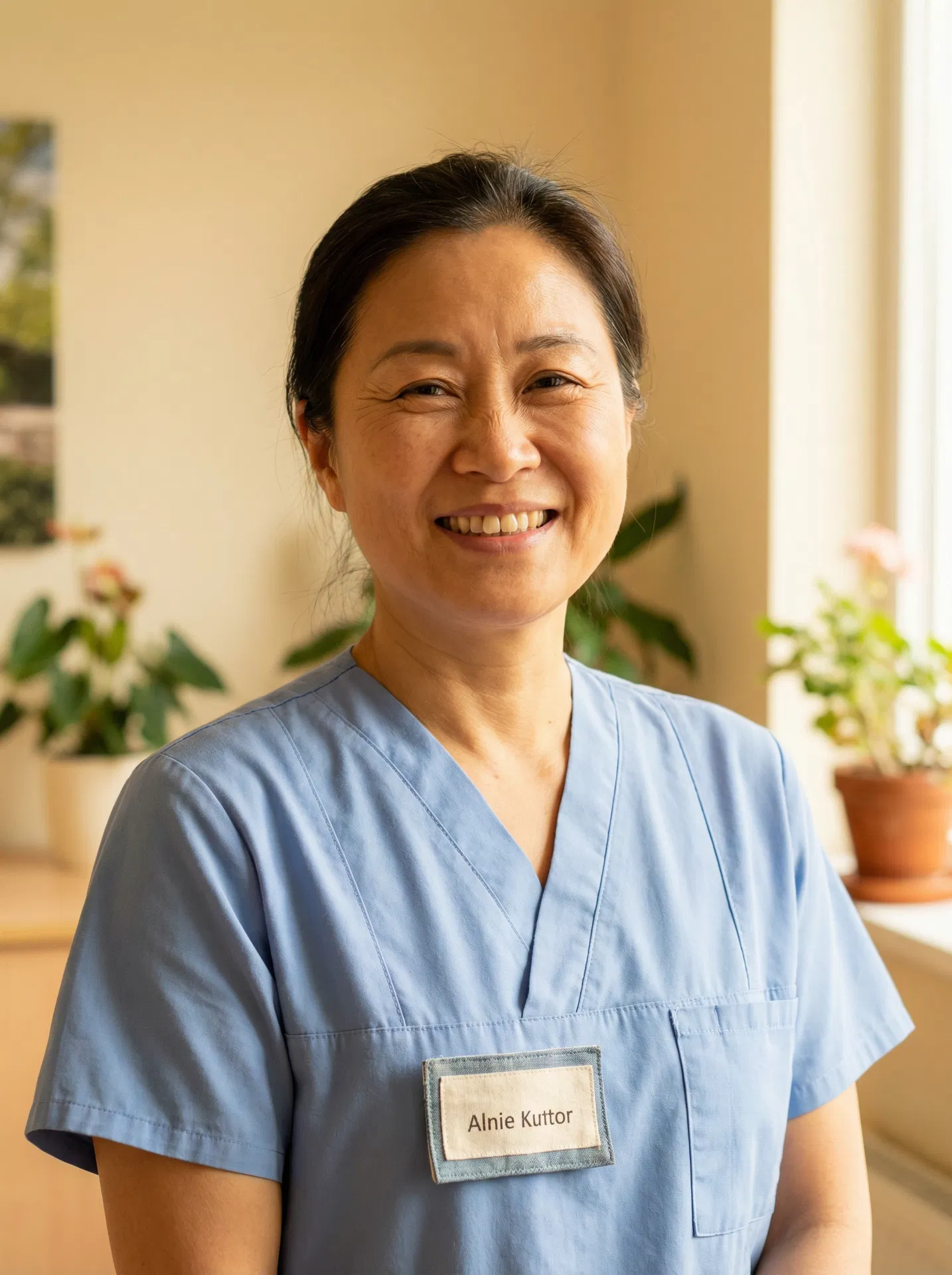 A warm, reassuring Asian caregiver with a bright smile