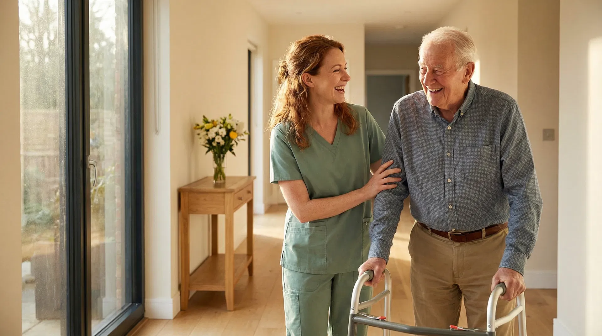 A caregiver helping an elderly gentleman walk in a bright modern home