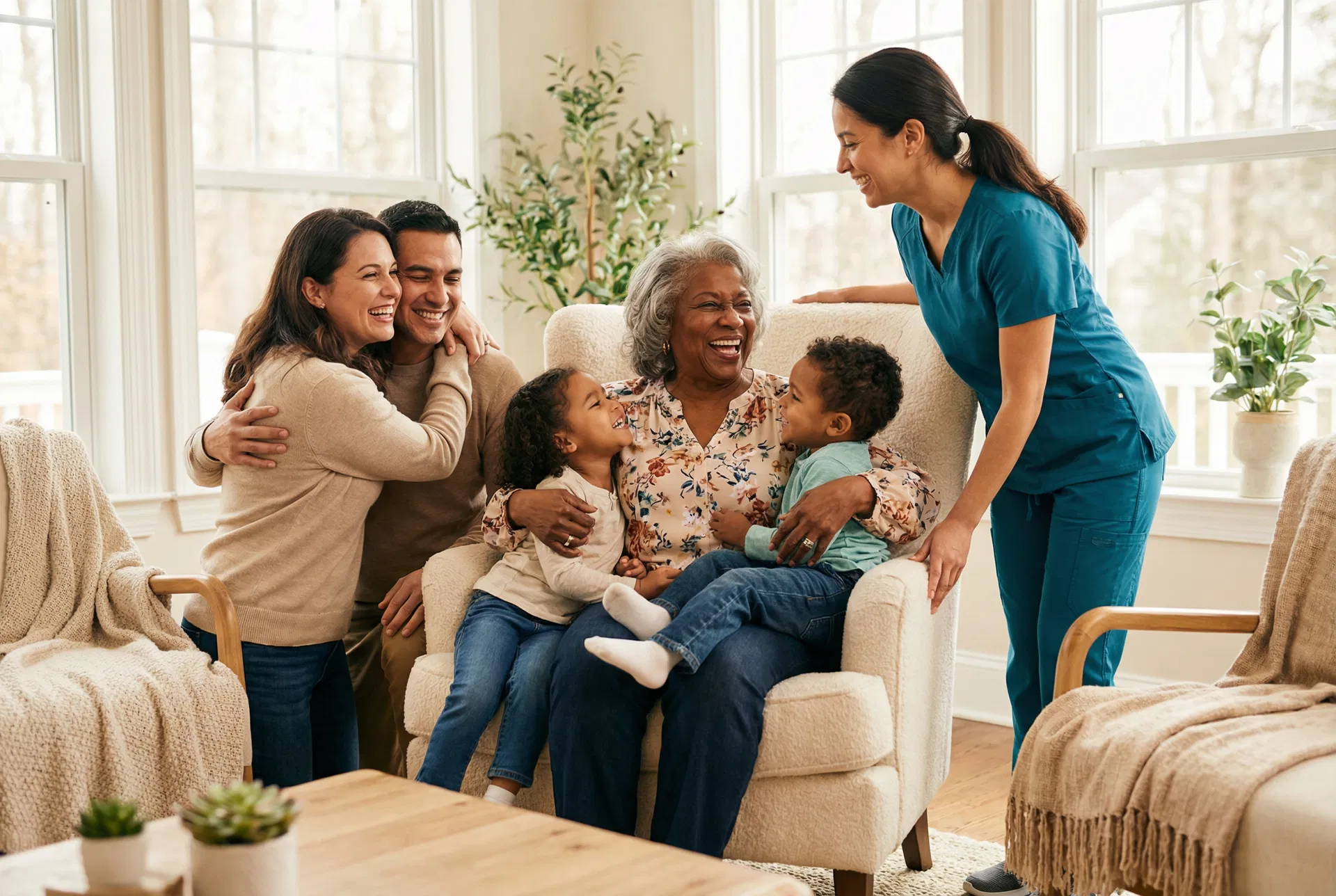 A happy grandmother surrounded by her loving family with a caregiver nearby