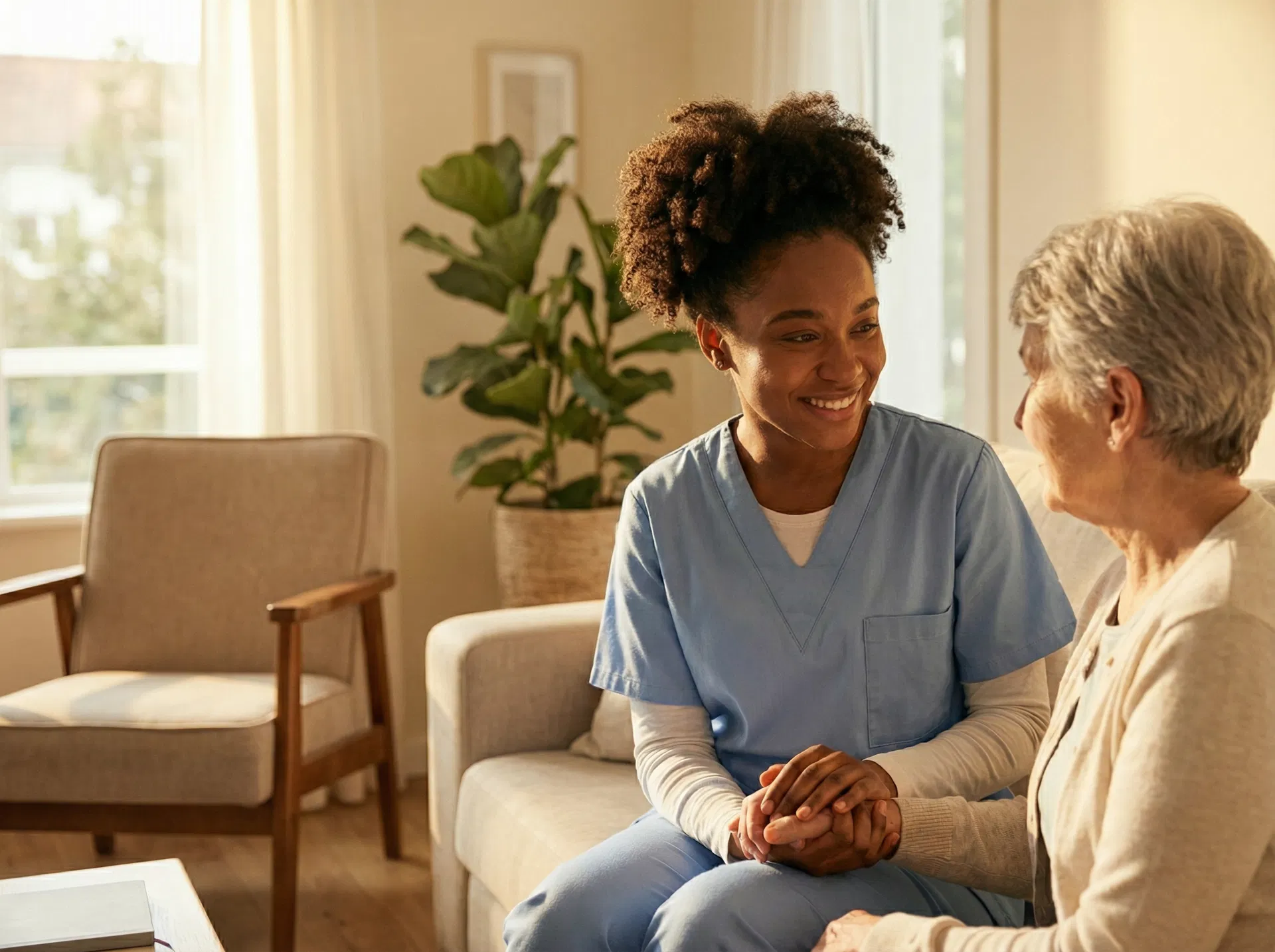 A caring caregiver holding the hand of an elderly woman in a warm, sunlit living room