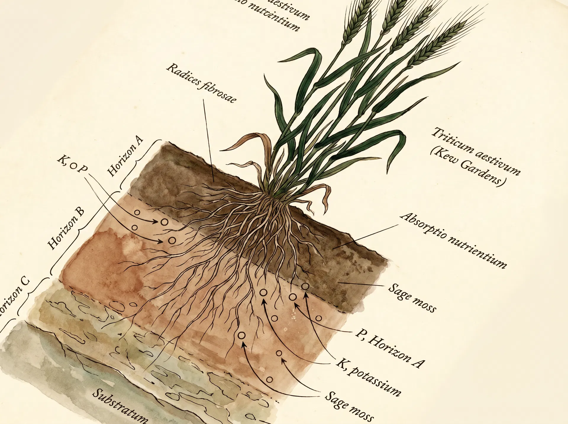 Fig. III — Coupe de sol et système racinaire : absorption du phosphore et du potassium par les racines.