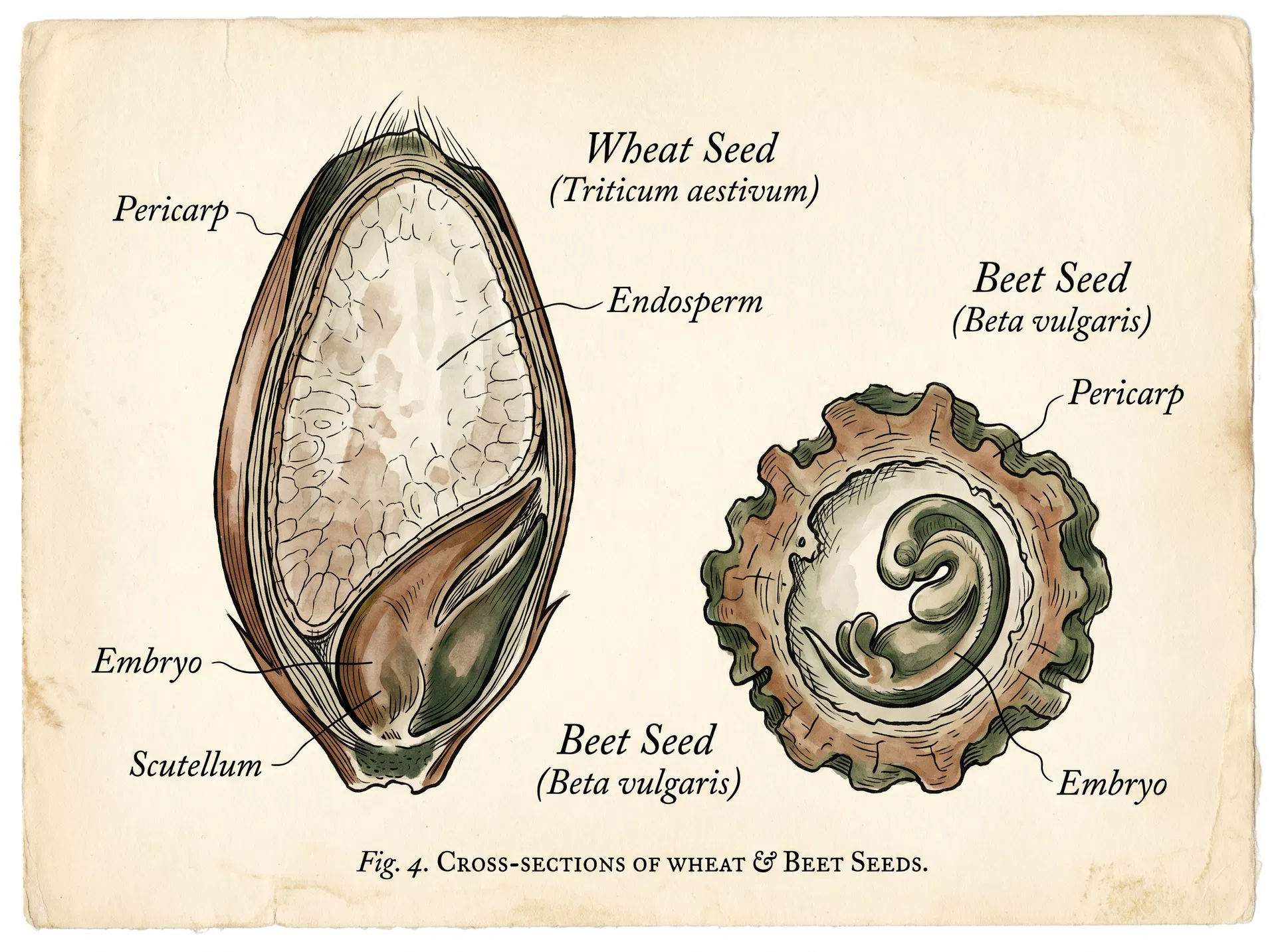 Fig. I — Coupe de semence de blé (Triticum aestivum) et de betterave (Beta vulgaris).
