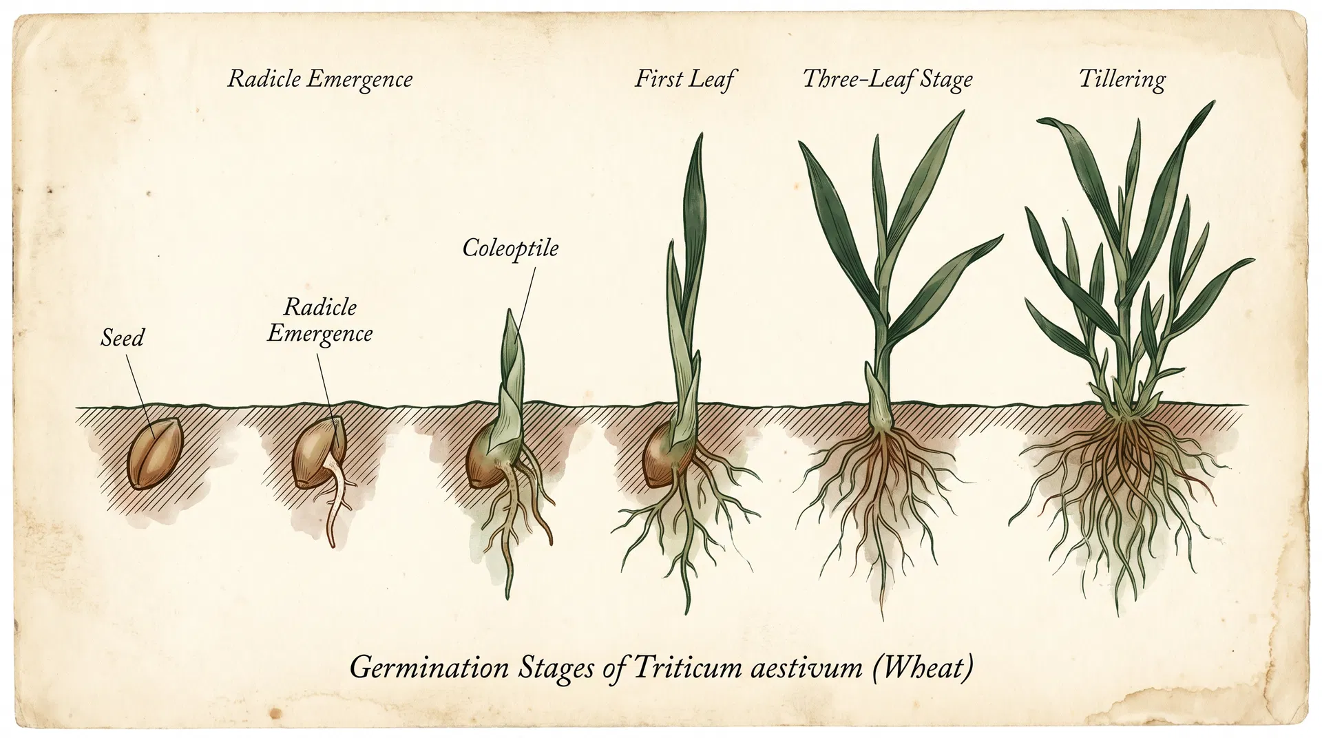 Fig. II — Stades de germination du blé : graine, radicule, coléoptile, première feuille, tallage.