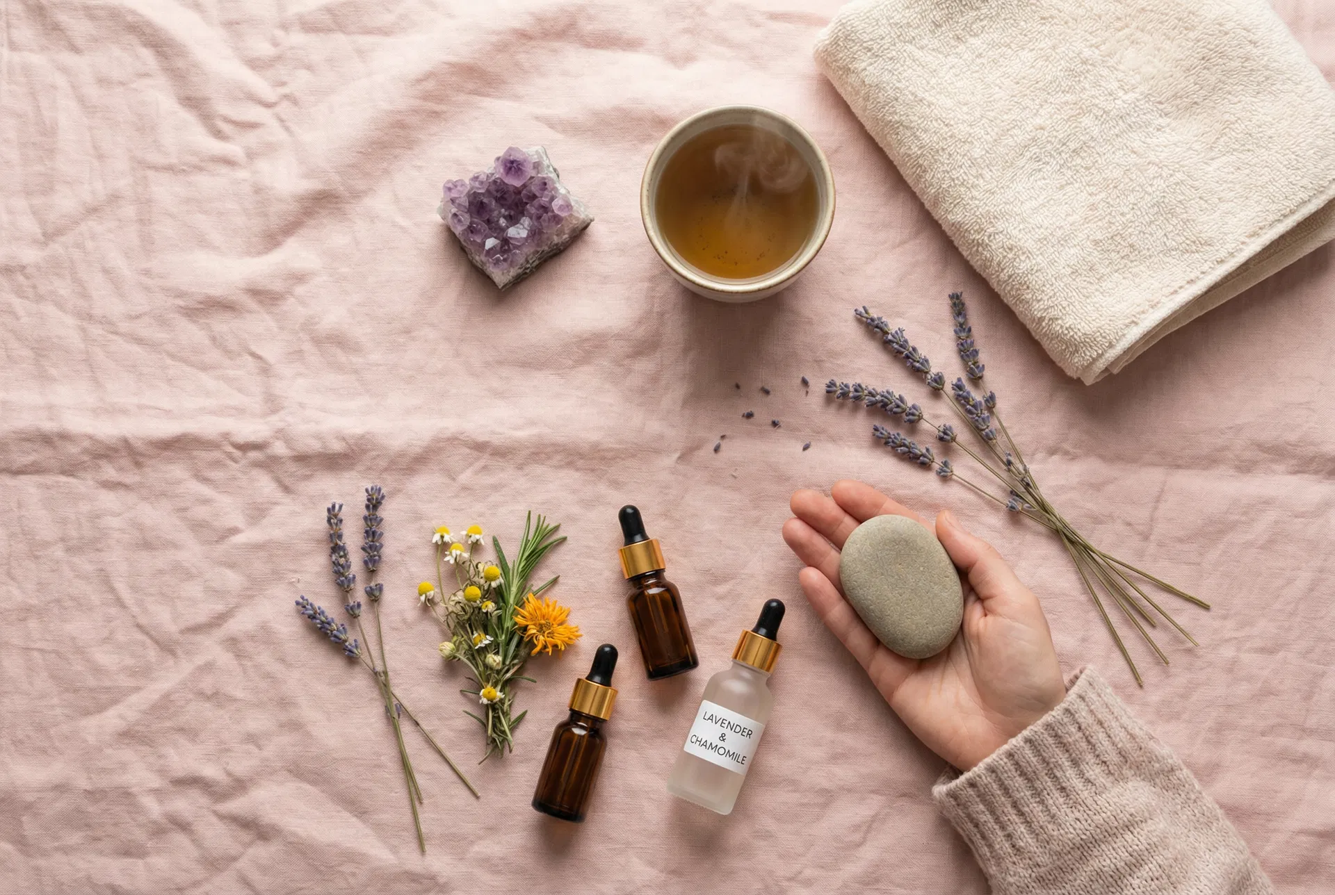 Holistic wellness elements — crystals, herbs, and natural remedies