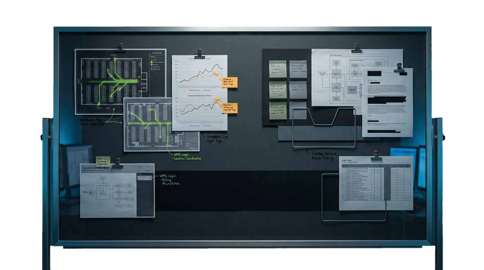 Investigative evidence wall for warehouse systems analysis