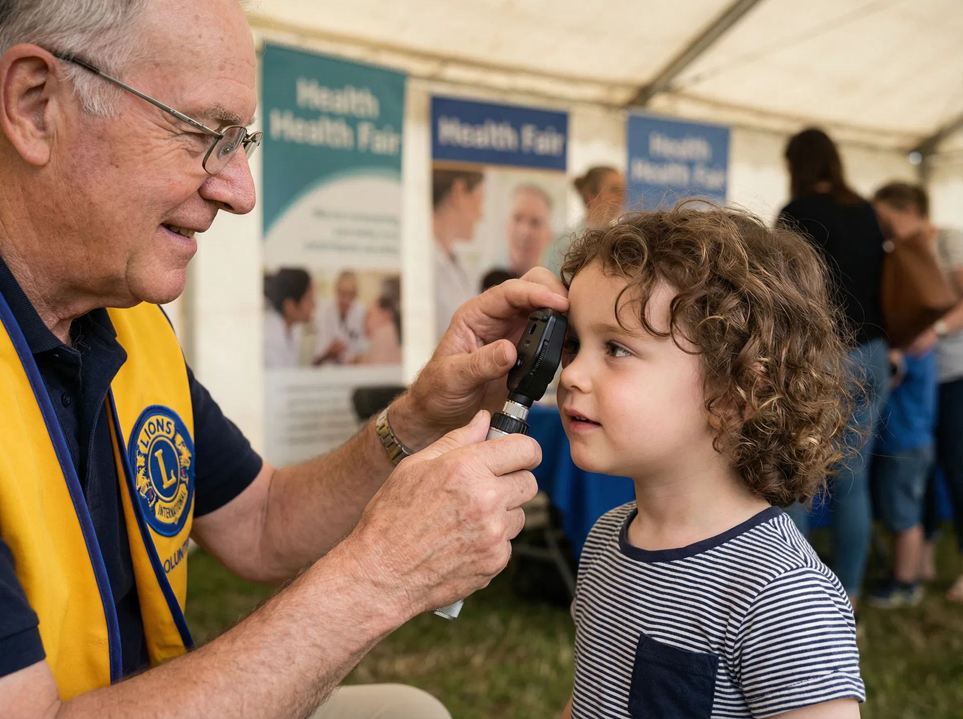 Lions volunteer conducting a vision screening for a child