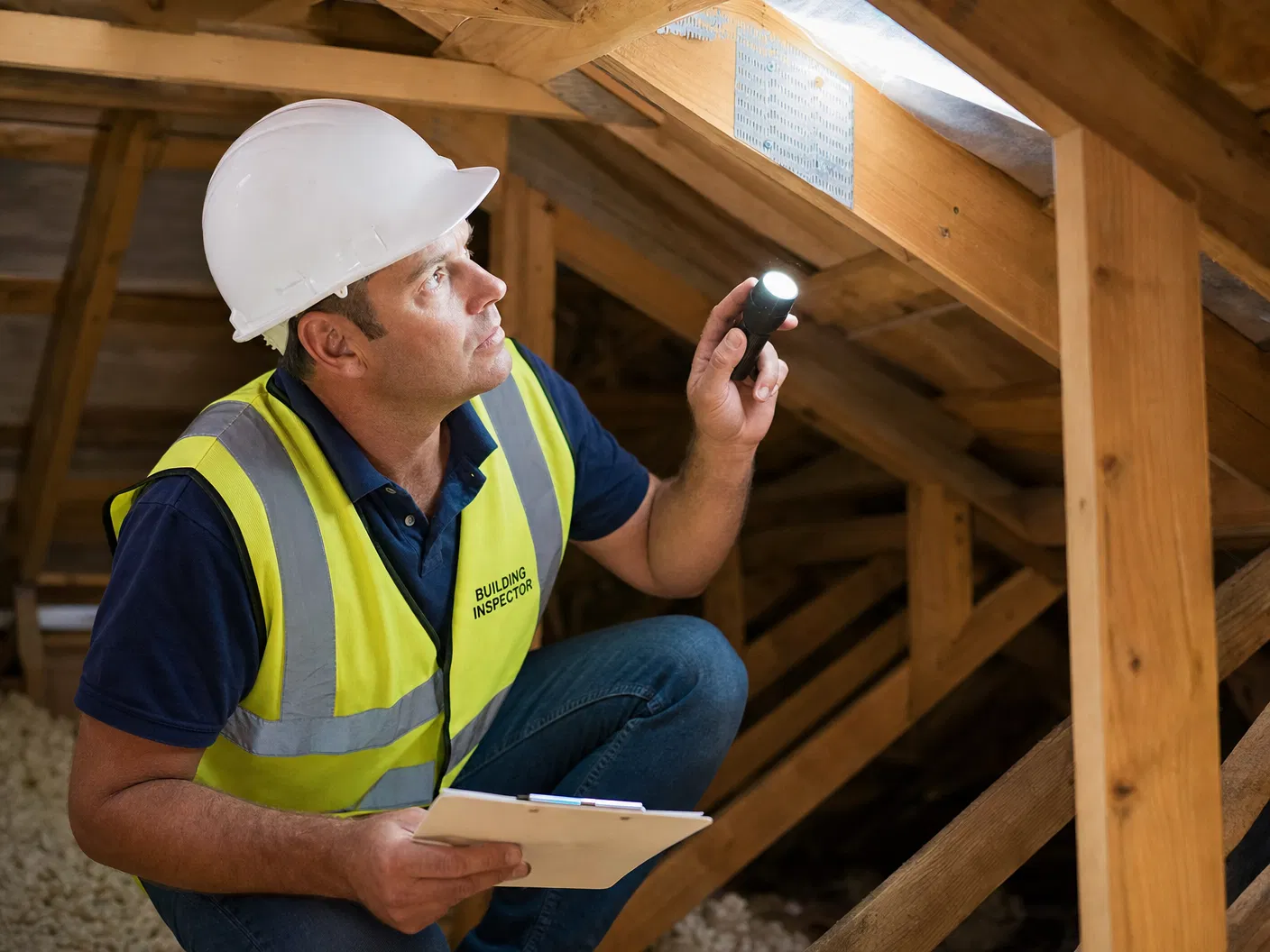 Building inspector examining roof cavity