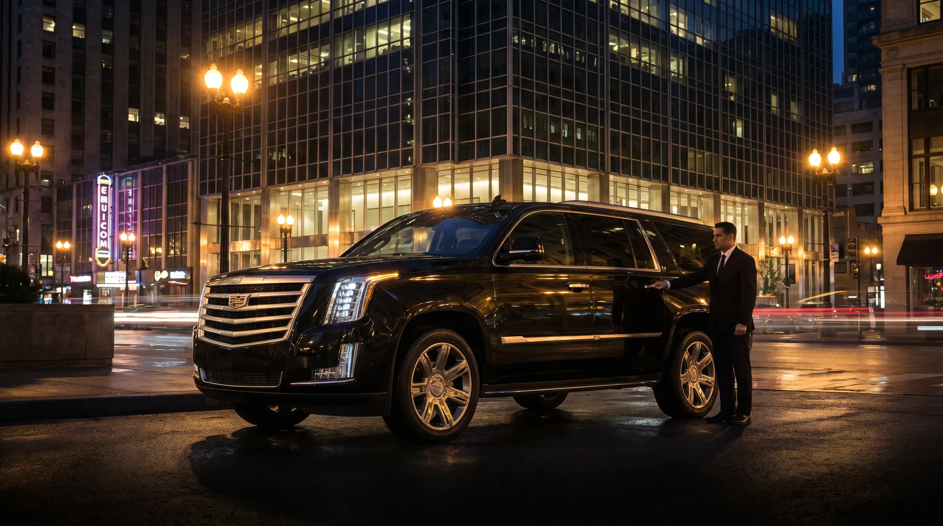 Luxury SUV limousine with chauffeur at night