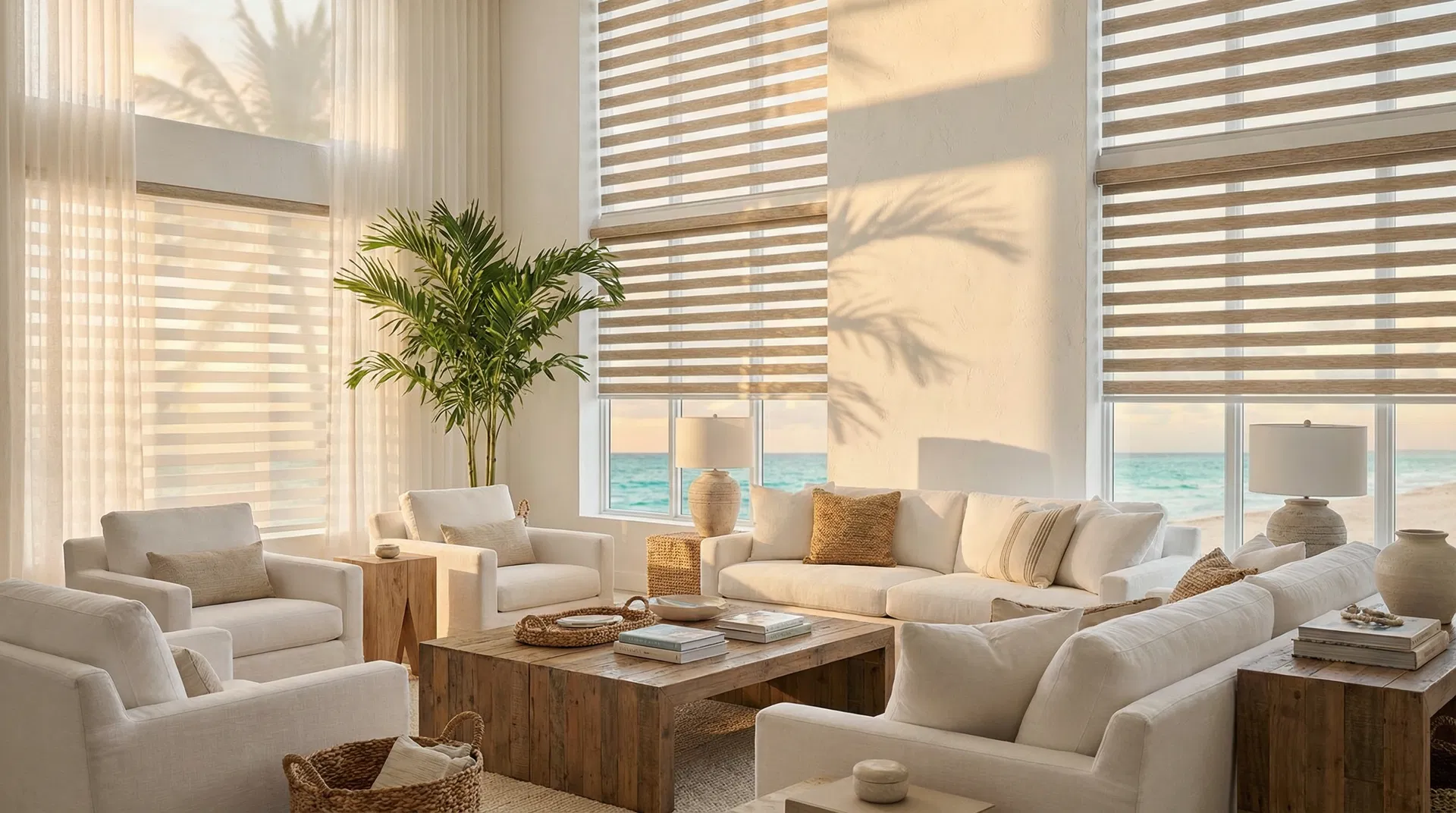Elegant coastal interior with custom window treatments