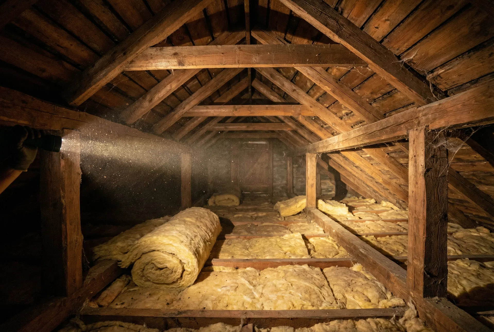 Attic inspection with flashlight illuminating rafters and insulation