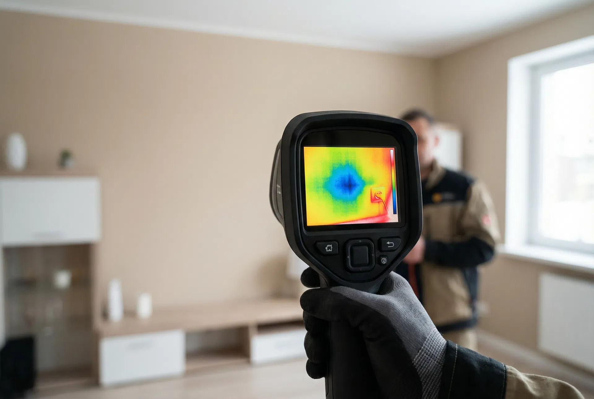 Thermal imaging camera scanning a home interior